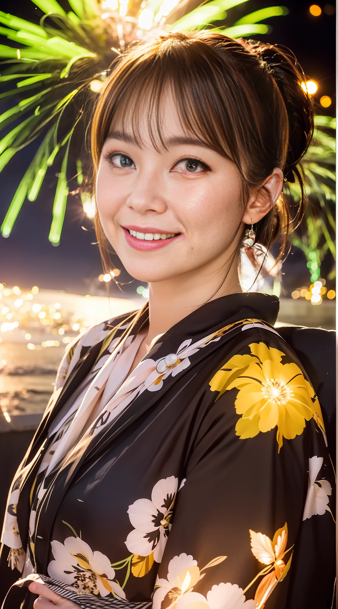 Smiling, fireworks