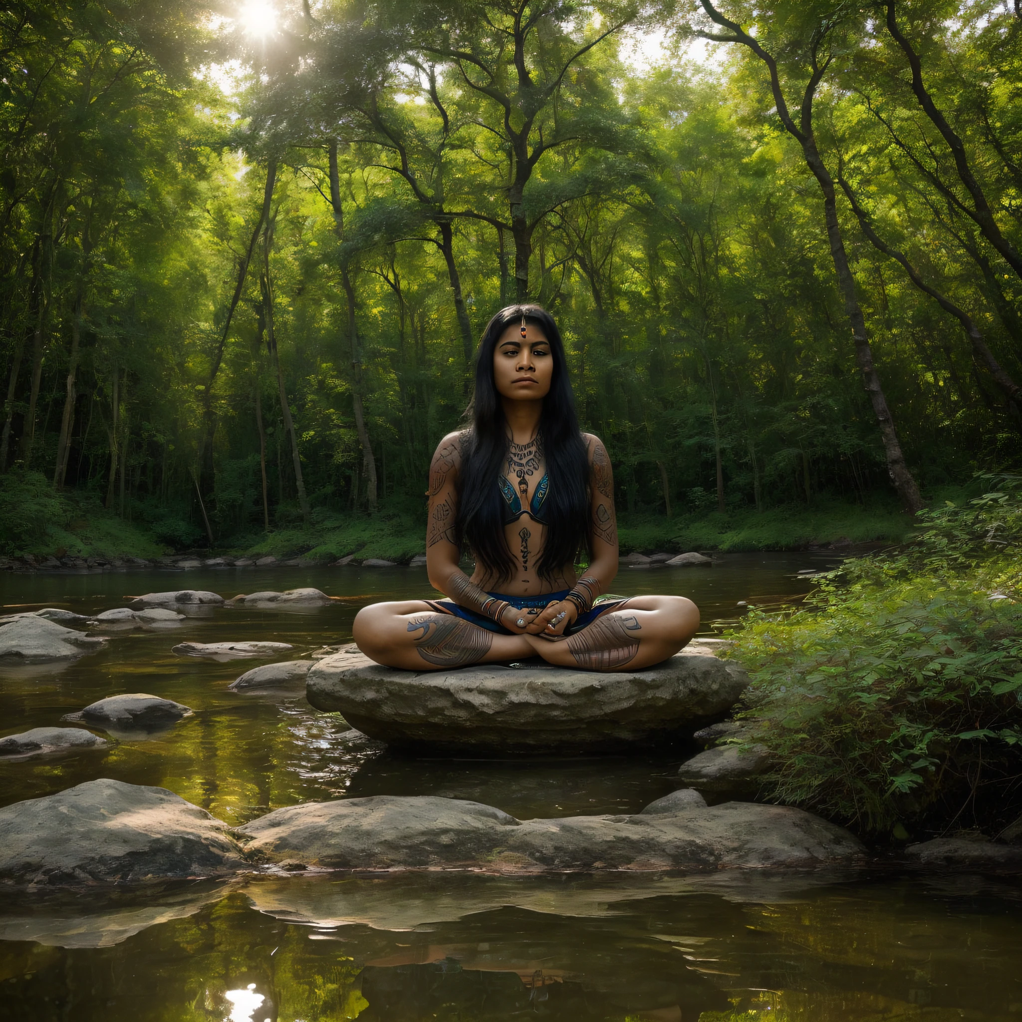 Sitting in contemplation by a crystal clear lagoon, an Indian woman with long black hair displays tribal tattoos that draw a symbolic map of her cultural identity. The surrounding nature seems to respond to her presence by enveloping her with a mystical energy. Its tranquil and deep expression conveys a spiritual connection to the forest and its ancient traditions.