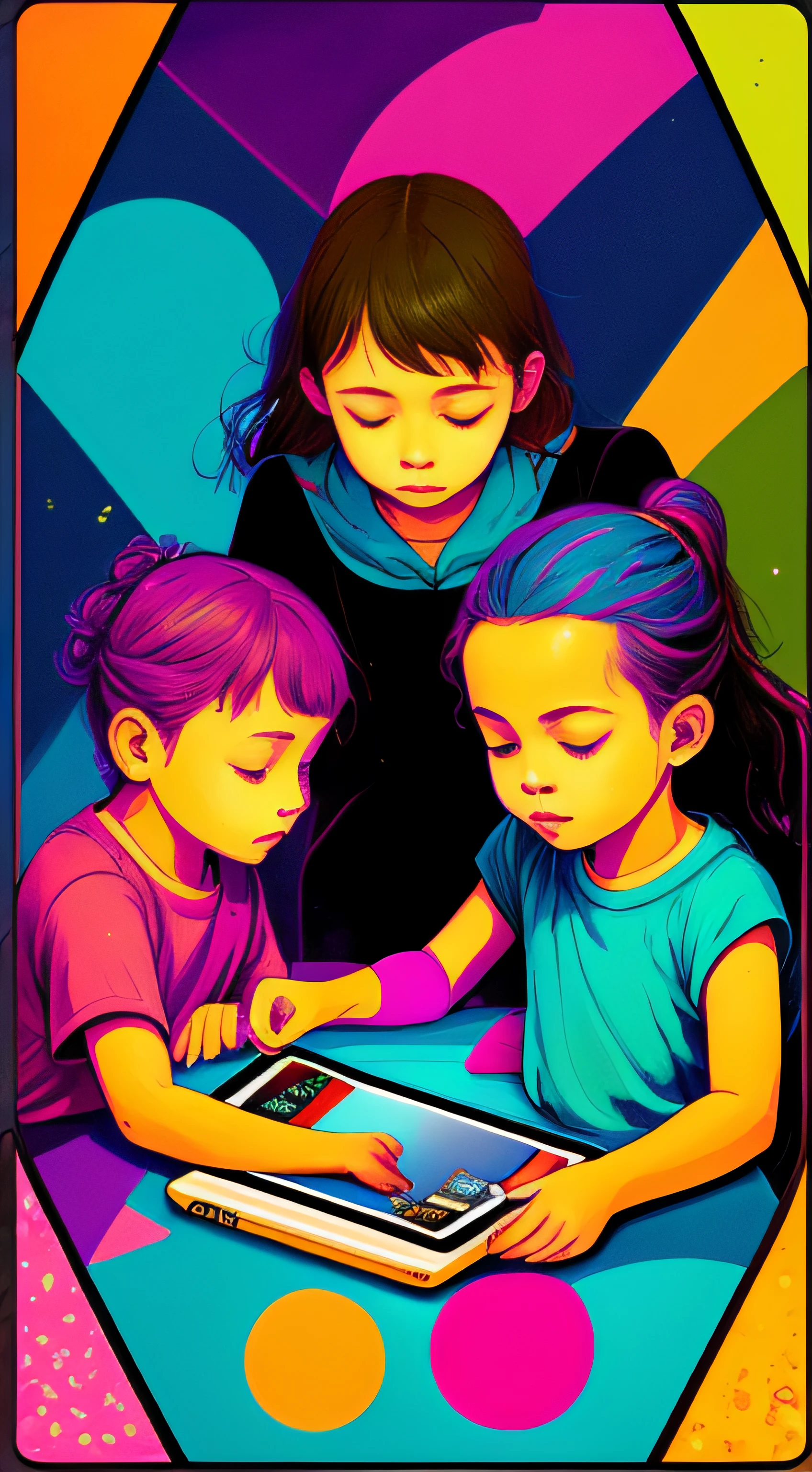 A child in the center making art on a kindle, with a colorful background, textless book cover, center, fantasy