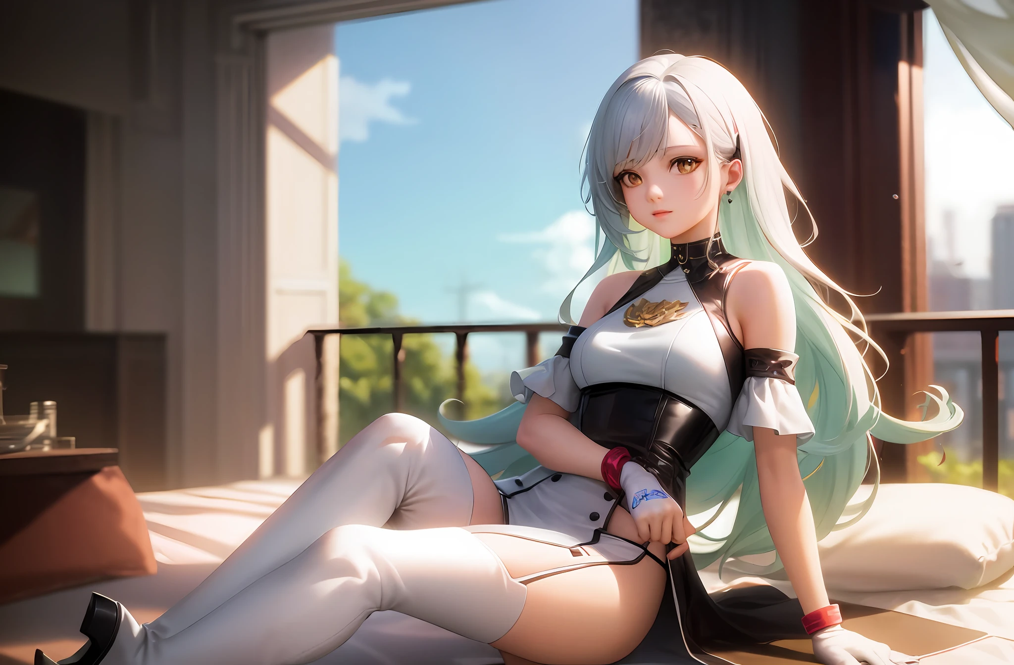 Bundle, bondage, white suspender thigh boots, white high heeled thigh boots, white long gloves, white hair, belt, anime - style girl sitting on bed with blue hair and white stockings, from Azur Lane video game, best anime 4k konachan wallpaper, trending on artstation pixiv, seductive anime girls, azure lane style, digital anime art, smooth anime CG art, anime style 4 K, advanced digital anime art, realistic anime girl rendering
