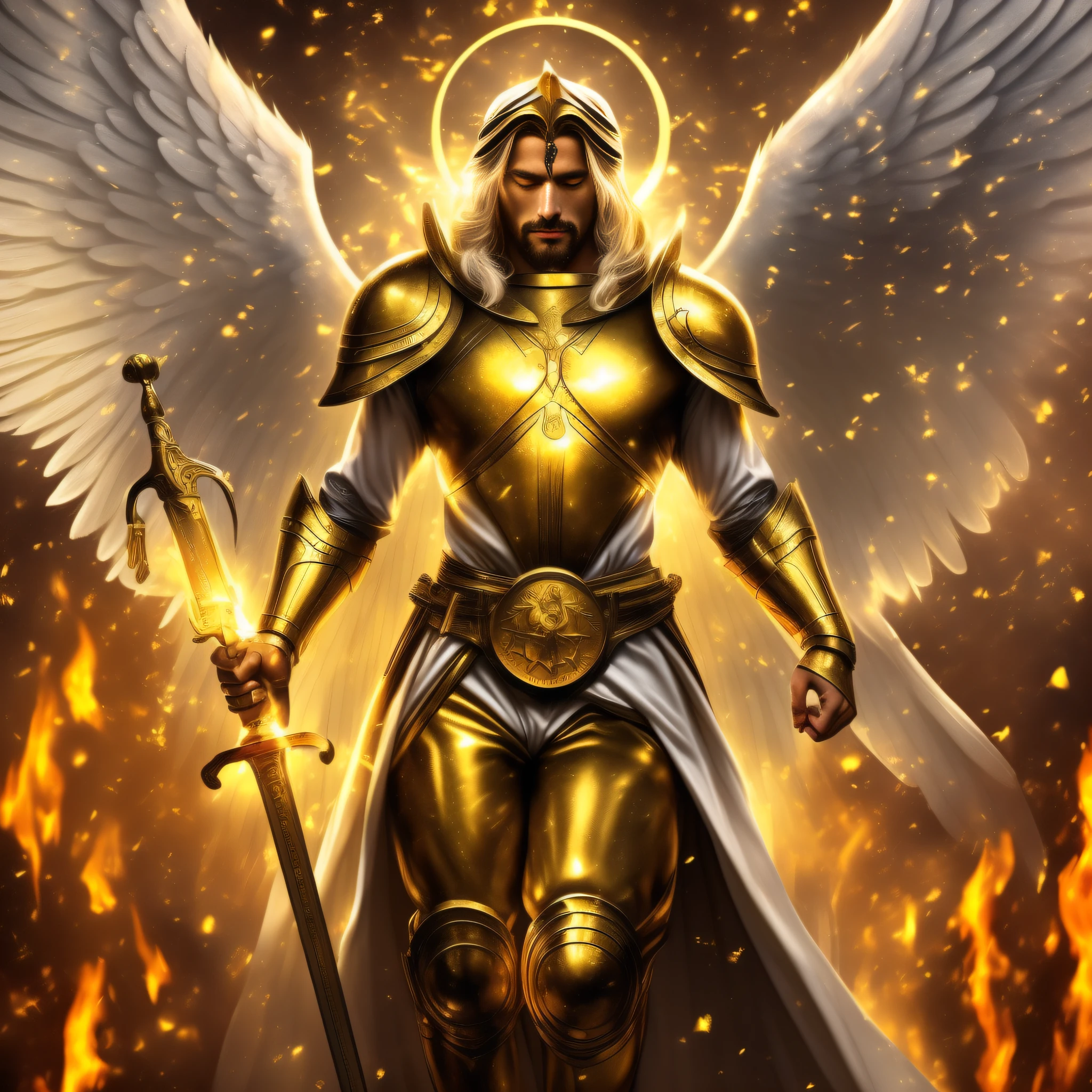 ( best quality,8k, masterpiece) ,(a strong angel with man's face shining with golden light, angel standing in a garden with a fire sword in hand guarding the garden, guardian angel, epic, wearing white robes he has large wings with celestial aura, various rays of glory, golden lights, body of light)