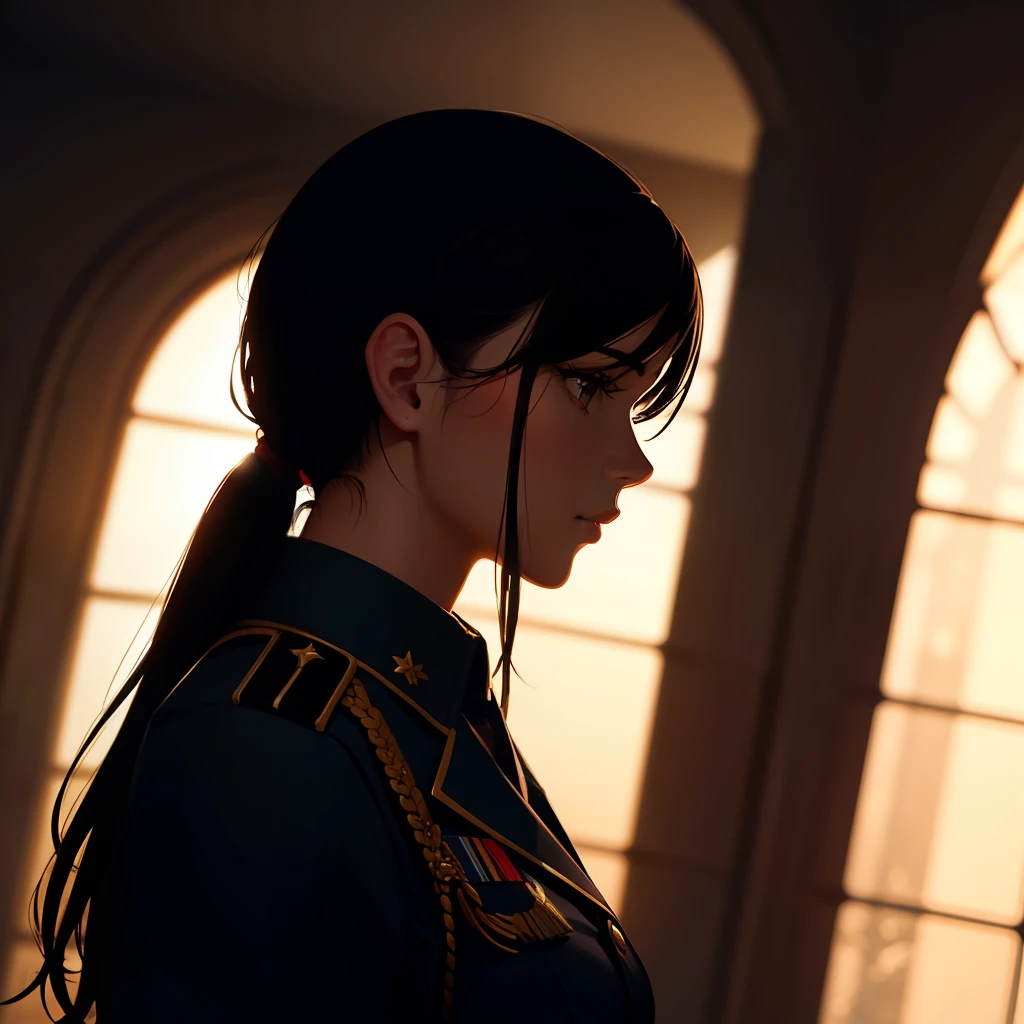 Extremely detailed, masterpiece quality, a military woman in a majestic environment with deep shadows and soft lighting.