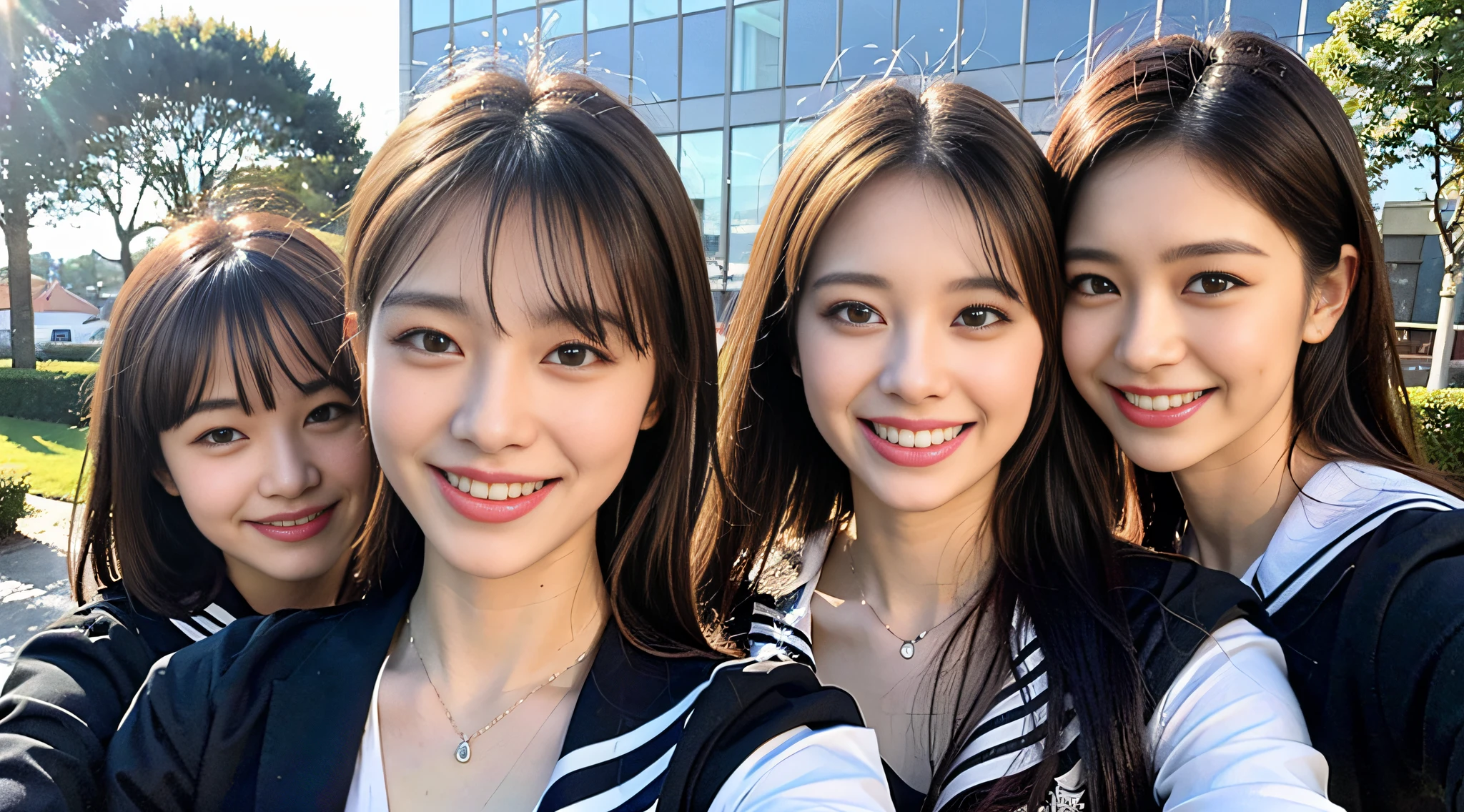 (8k, RAW photos, top quality, masterpieces: 1.2), ultra detail, super resolution, (realistic, real photos: 1.37), (photorealistic: 1.6), sweating profusely, (pretty cleavage), cleavage, embarrassing, , fantastic landscape, modern school uniform, fashionable sailor suit, school rooftop, lunch break, fashionable school, futuristic city, futuristic school, future, future world, Fantastic world, new world, high resolution RAW color photo, professional photo, very detailed and beautiful, (pointing at the camera), real light (with hands wide spread and palm facing us), smile so much that you can see teeth, beautiful scenery mixed with light, very detailed sailor suit, amazingly cute female proofreading, amazing cute smile, transcendent cute face, amazing details, Red scarf, beautiful girls, very detailed face, different pattern, one is ponytail, modern cute schoolgirl, very detailed face very detailed eyes, very realistic skin, very detailed fingers, very detailed nose, very detailed mouth, perfect anatomy, very detailed sailor suit, very detailed background,after school,. full of smiles, long straight hair, (dull bangs: 1.2), Celebrity level cuteness, high school girl youth (pink eye shadow)