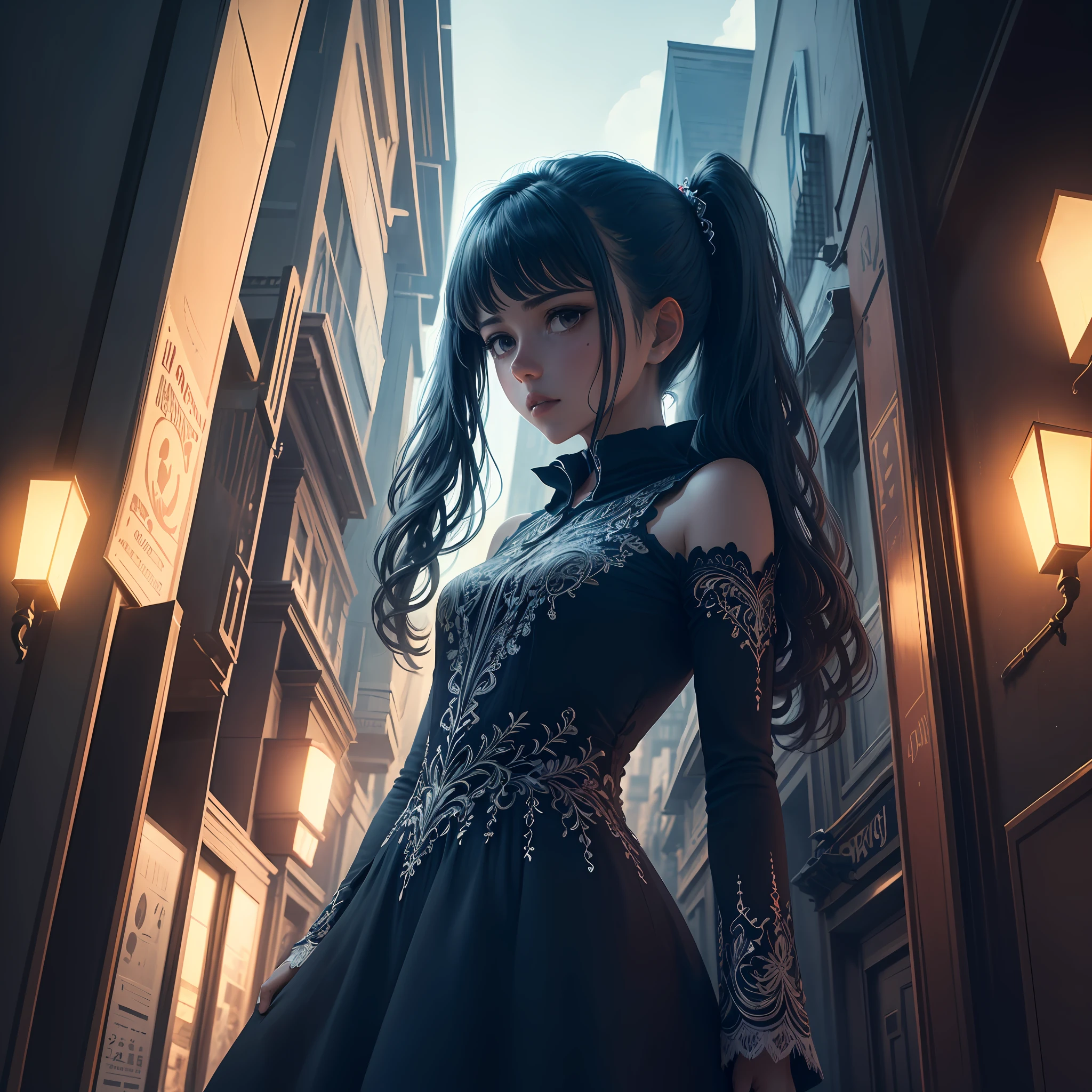 /imagine prompt: e details. The shadows play a crucial role, obscuring parts of her body and face, highlighting the contrast between light and dark. The background is a cityscape at dusk, with a few illuminated windows and streetlights casting an ambient glow. The image is rendered in a manga style, combining bold linework and intricate shading techniques. The lighting creates an atmospheric and brooding mood, adding depth to the overall scene. --ar 16:9 --auto