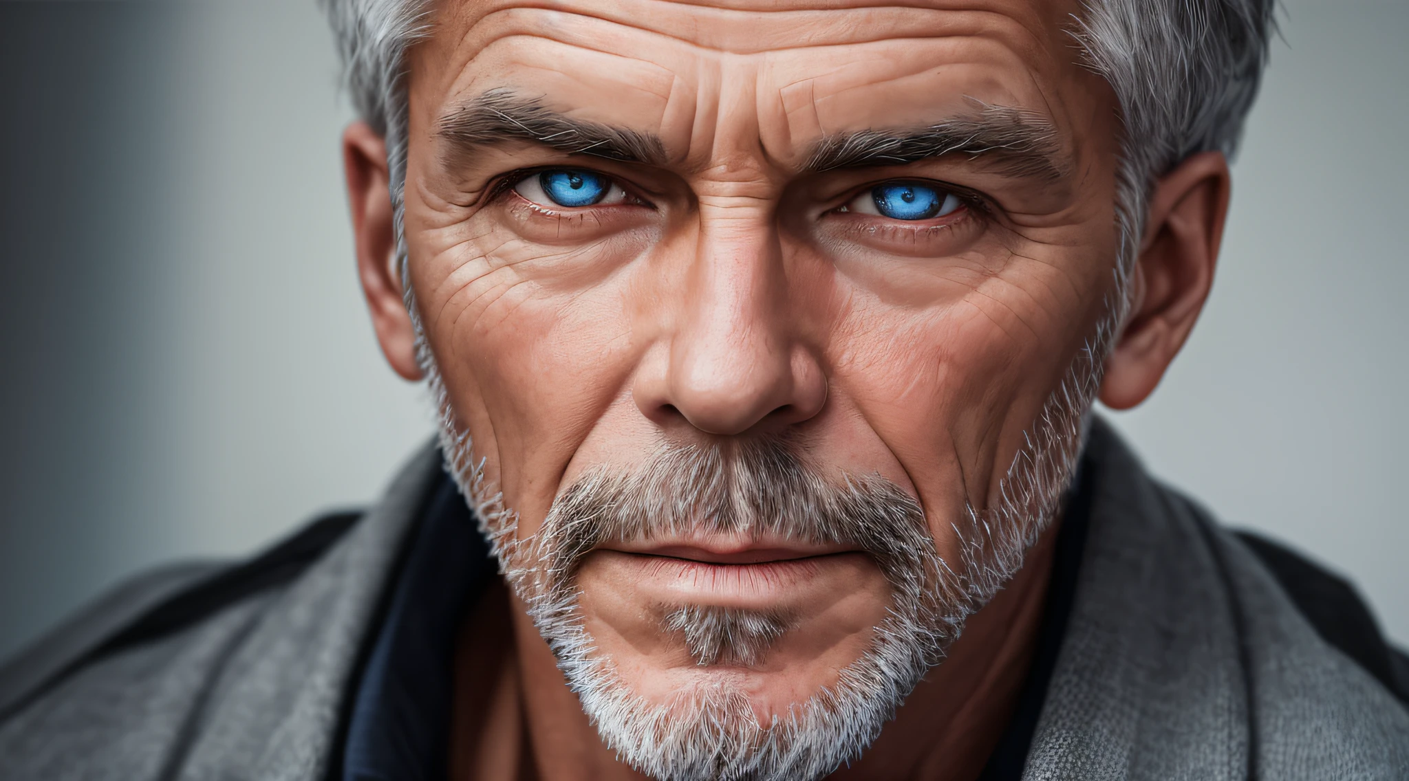 A man, young, 50 years old white, brave, new clothes, with piercing eyes, detailed face, high details, photography, dark studio, rim light, Nikon D850, 50mm, f/1.4 --auto