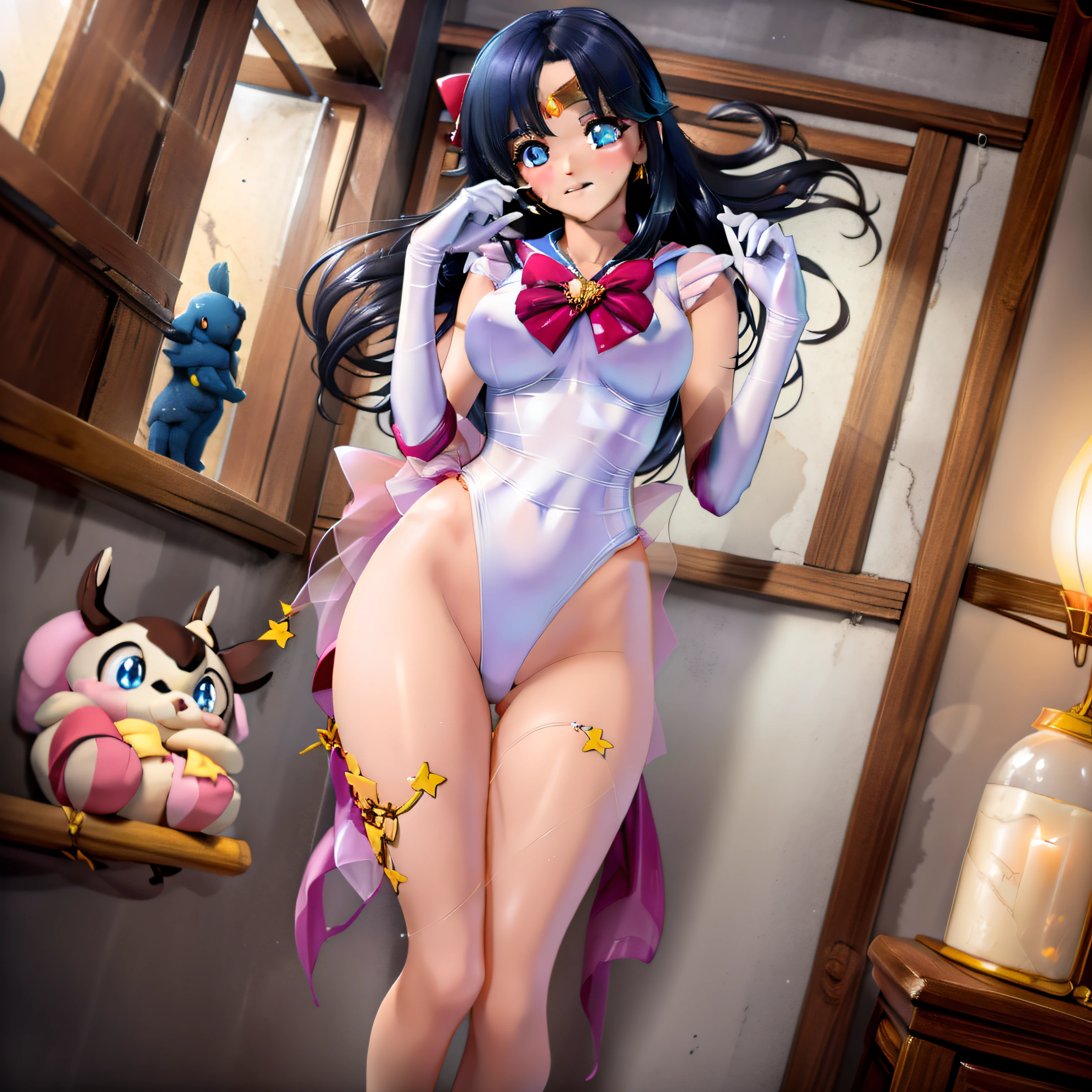 ((((Masterpiece))), 1girl, best quality:1.4, super beautiful, tender and sexy face, full body, sexy pose, perfect and delicate body, super beautiful face, super beautiful eyes, background with stars and super cute stuffed animals,