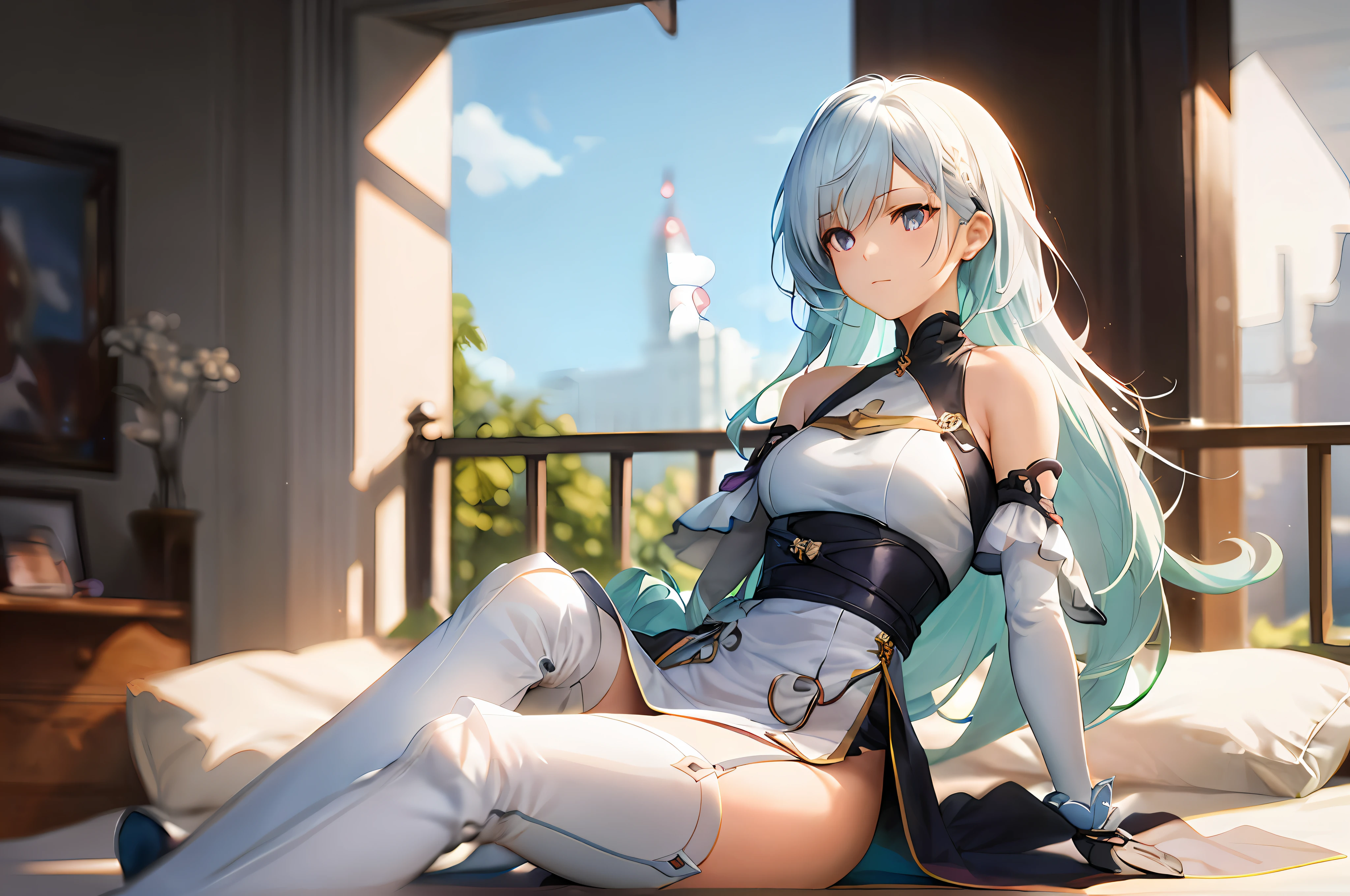 Binding, bondage, white high heeled thigh boots, white long gloves, belt, white hair, anime - style girl with blue hair and white stockings sitting on bed, realistic anime girl rendering, smooth anime CG art, seductive anime girl, rendering of a cute 3d anime girl, from Azur Lane video game, beautiful anime girl, best anime 4k konachan wallpaper, Azur Lane style, beautiful and attractive anime woman, attractive anime girl