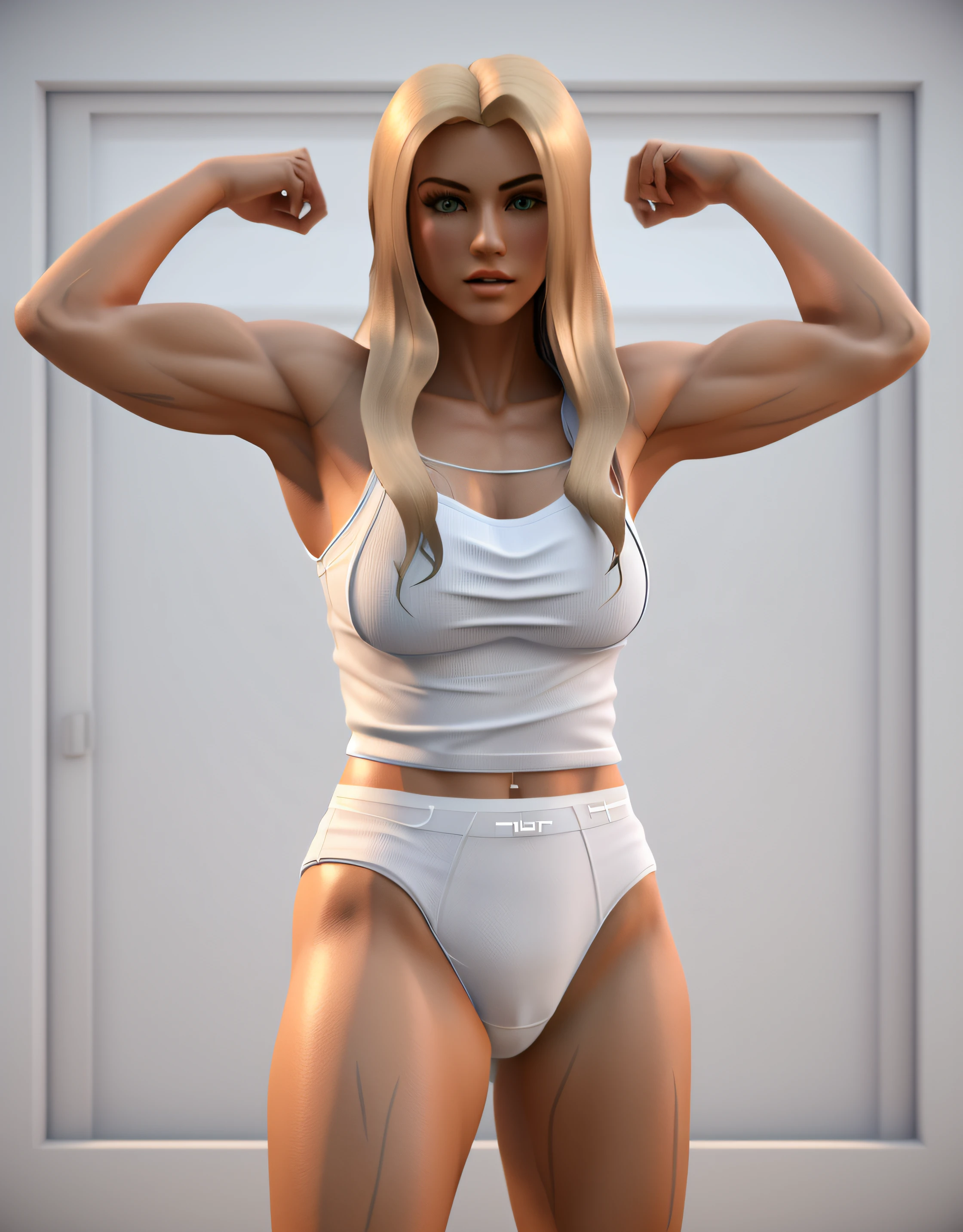 Buff blonde woman, flexing, in white tank-top, white high cut cotton panties, realistic 3D game model, intricate details