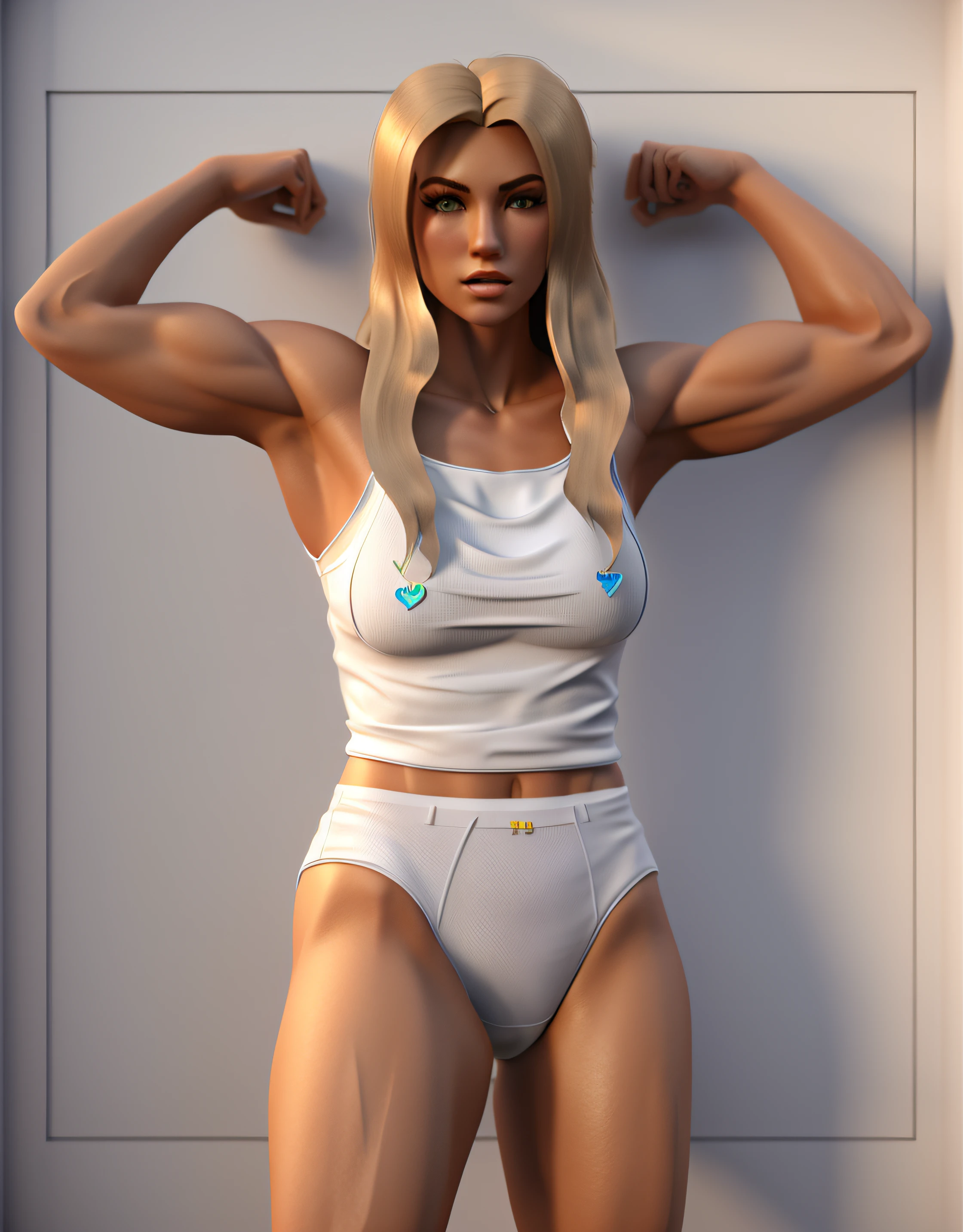 Buff blonde woman, flexing, in white tank-top, white high cut cotton panties, realistic 3D game model, intricate details