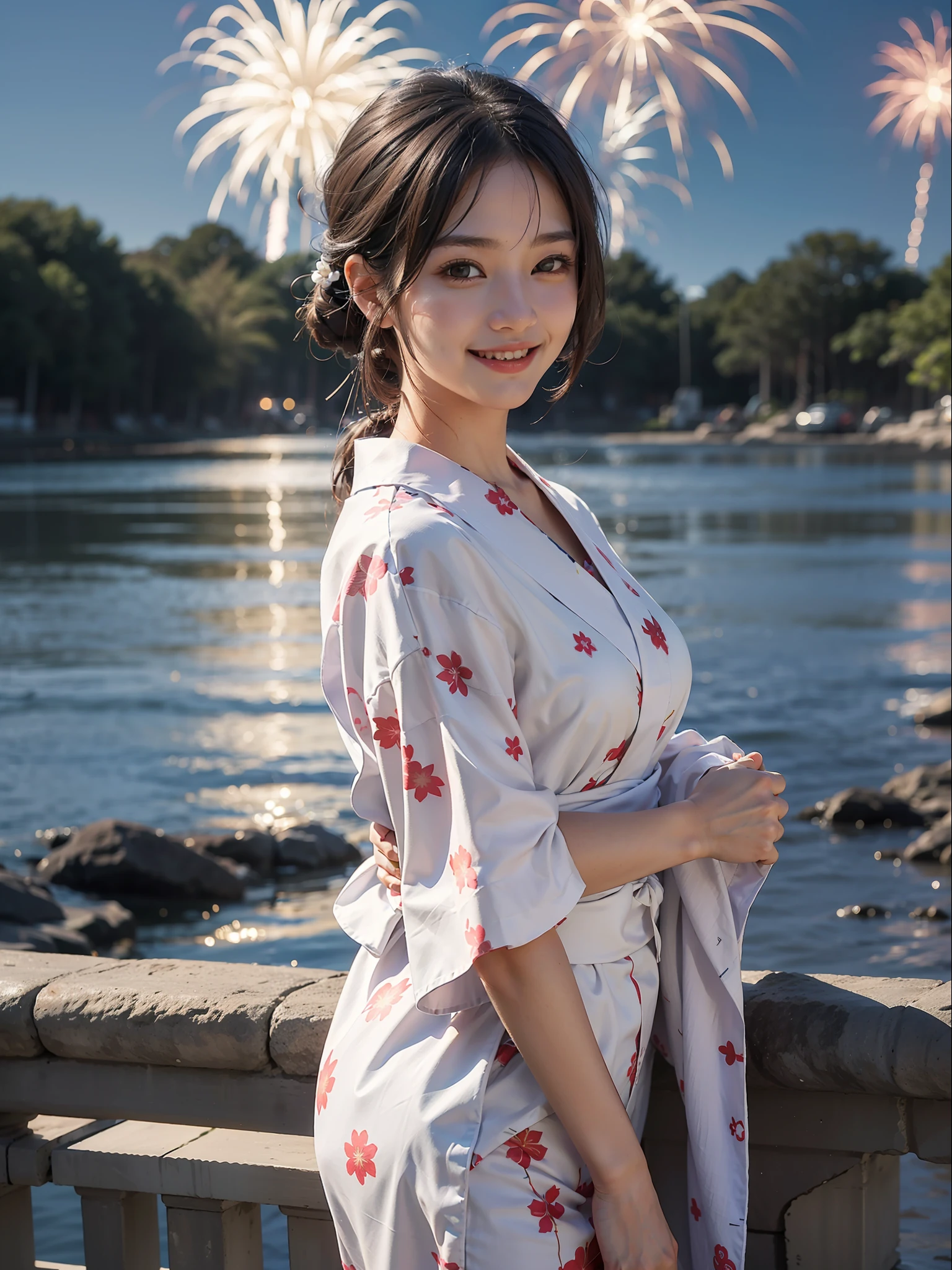 Top Quality, Masterpiece, Ultra HD, Photorealistic, 1girl, Smile, Yukata, Sink, Fireworks Venue
