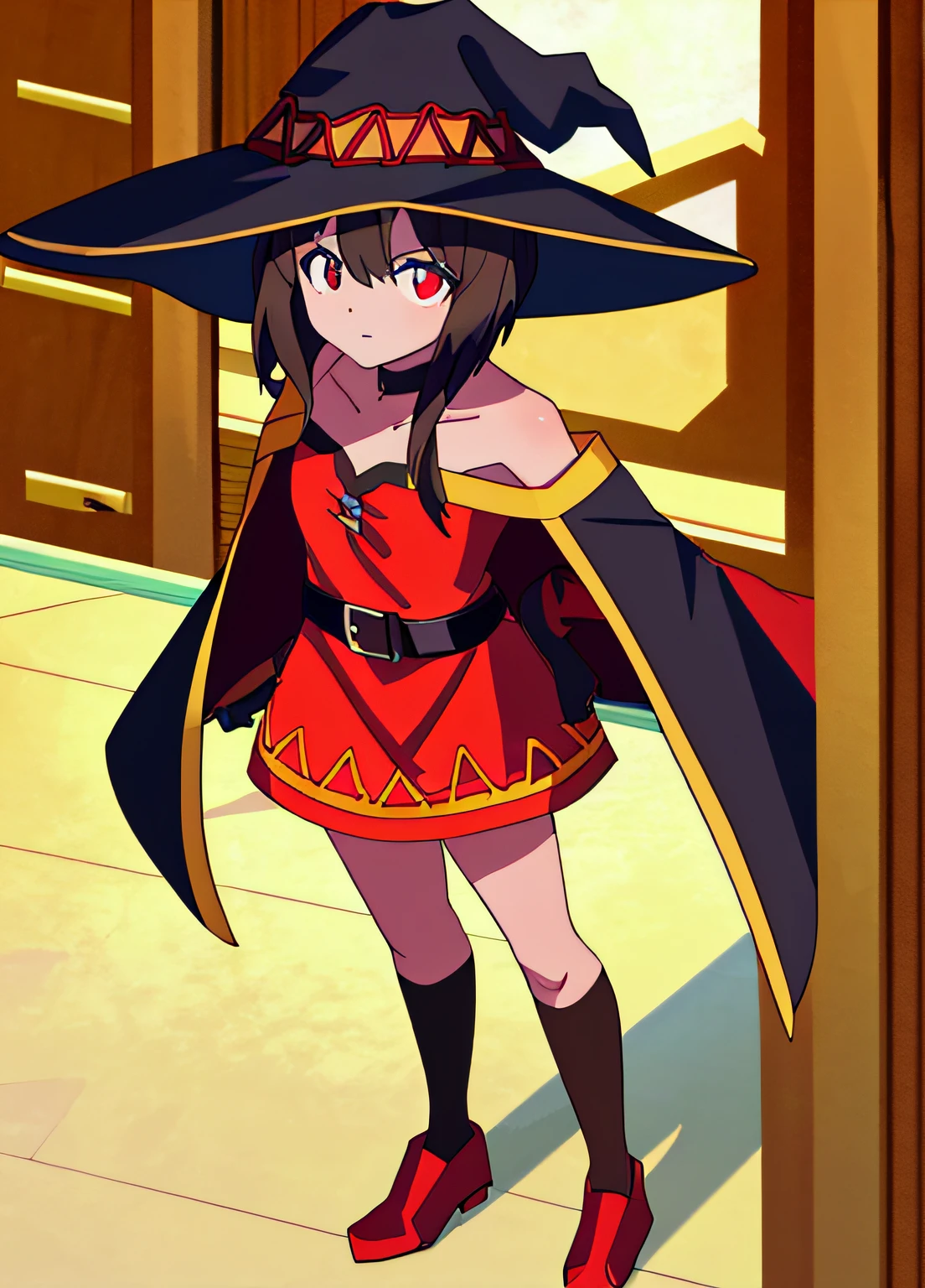 BNA masterpiece, best quality, megumin, 1girl, bare shoulders, black cape, black gloves, black hair, cape, choker, collarbone, dress, hair between eyes, hat, long sleeves, looking at viewer, medium hair, off-shoulder dress, off shoulder, red dress, red eyes, sidelocks, solo, witch hat, indoors