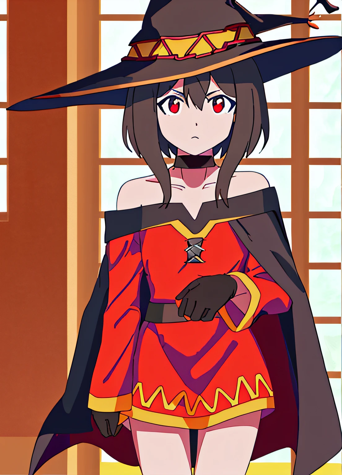 BNA masterpiece, best quality, megumin, 1girl, bare shoulders, black cape, black gloves, black hair, cape, choker, collarbone, dress, hair between eyes, hat, long sleeves, looking at viewer, medium hair, off-shoulder dress, off shoulder, red dress, red eyes, sidelocks, solo, witch hat, indoors