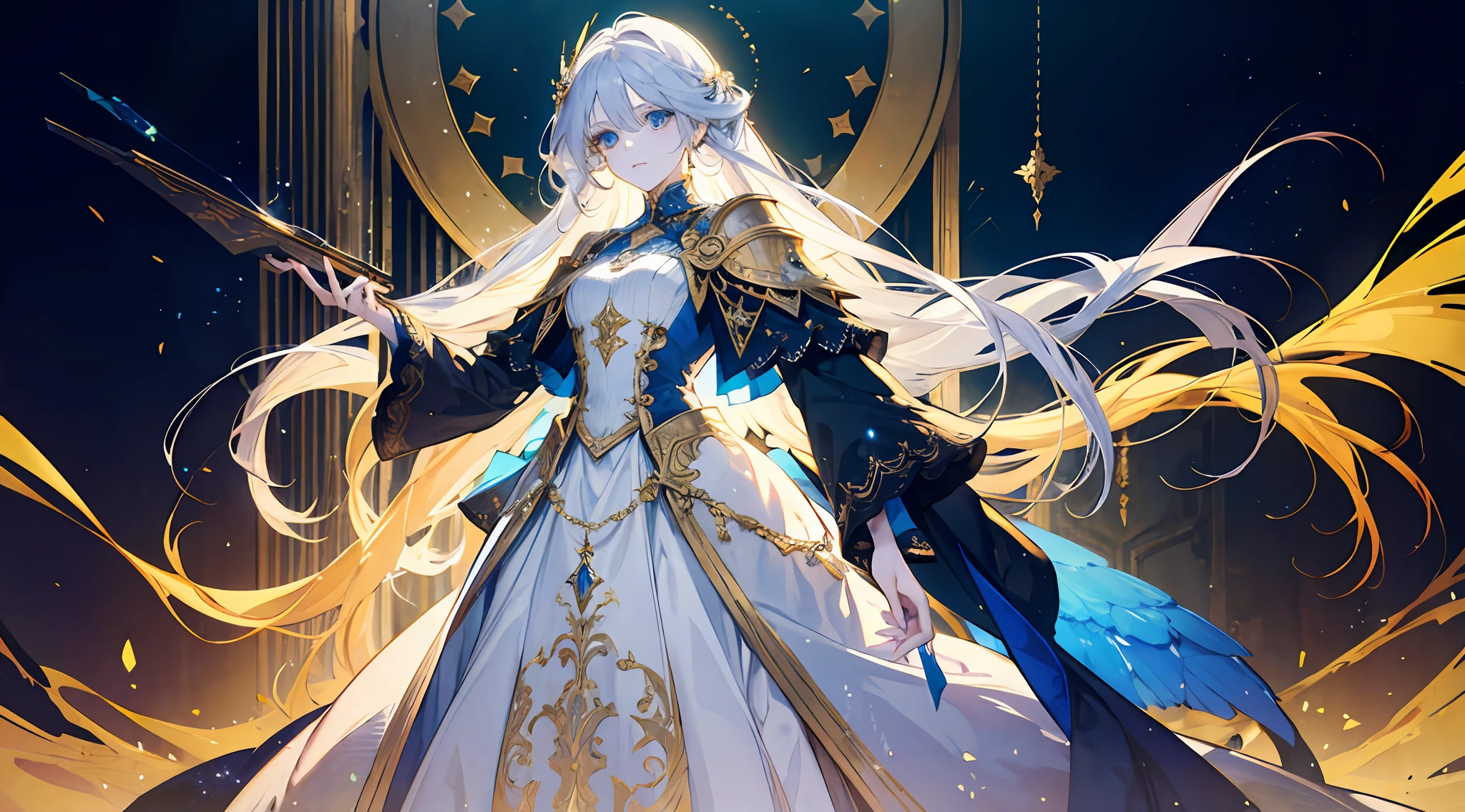 16k, best quality, a woman, tall, beautiful, otherworldly, elegant, blue eyes, full body, long blonde hair, platinum dress, (exquisite), long skirt, golden armor, extreme details, golden streamer surrounding, angel descending, masterpiece, concept art, hands open, facial details presented, great, palatial palace with background, (princess outfit), dignified,