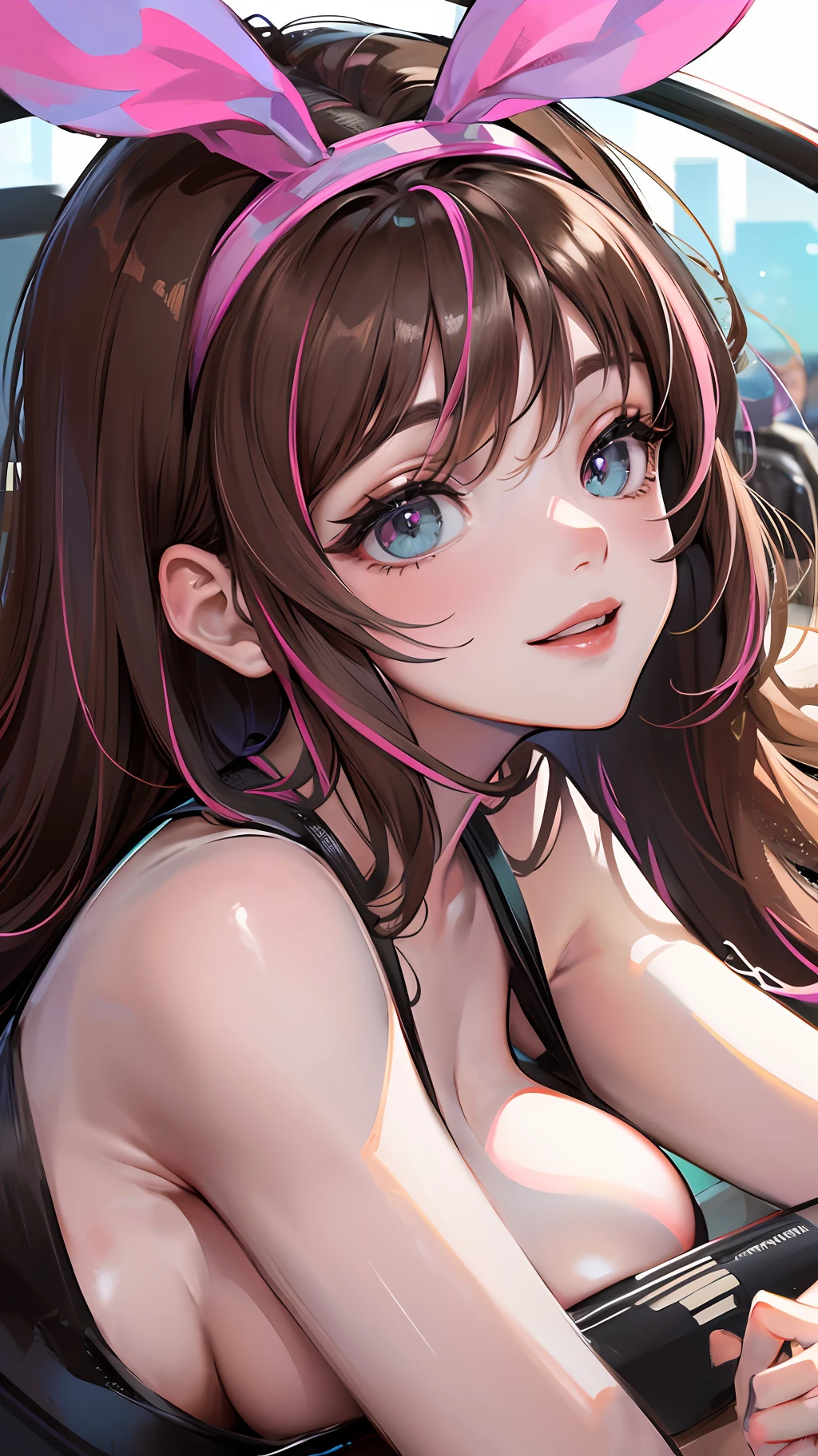 masterpiece, best quality, highres, 1girl, kizuna ai,  ,long hair, brown hair, multicolored hair, floating hair, pink hairband, pink highlights, streaked hair, smiling, , sitting in car, seatbelt on 