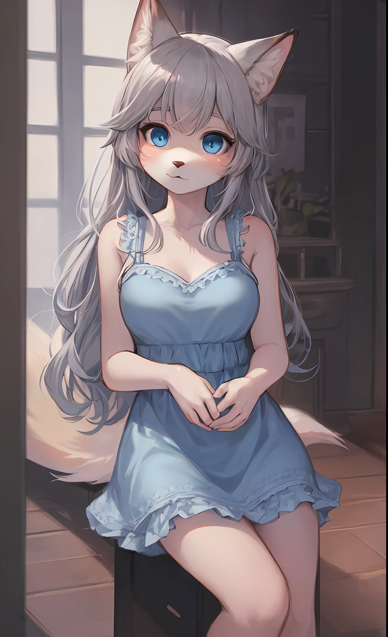 1 girl, solo, furry, fox, cute face, ambient light, ultra detailed hair, volumetric light, gray hair, blue eyes, wearing mini dress