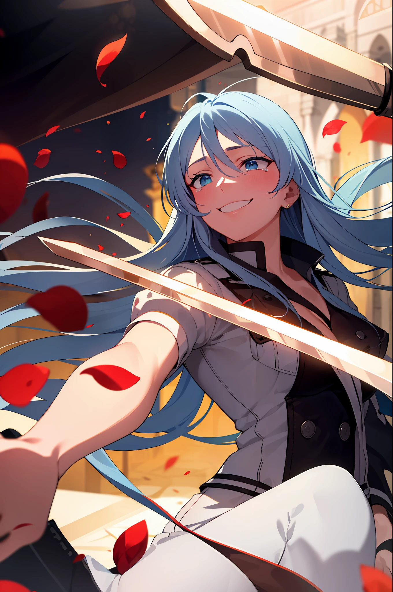 (masterpiece), (best quality),highres, ultra detailed, professional lighting, esdeath, esdeath outfit, front view, tearful eyes, smile, tilted head, holding a sword in the middle, falling petals, upper body