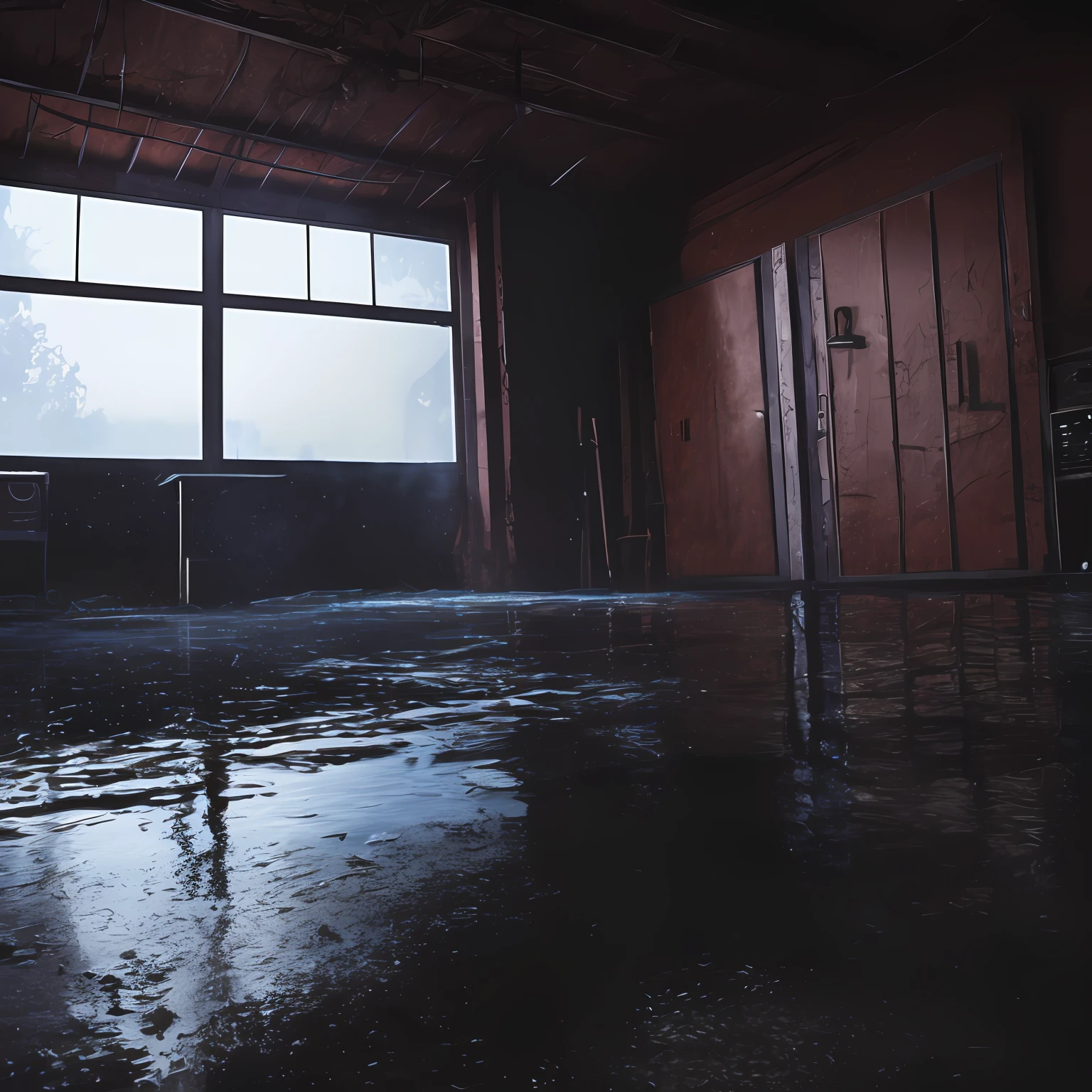 Professional architectural photography, an old garage with windows and cinematic lighting, wet floor with puddles of water, fog, background with complementary colors, ultra realistic, intricate details, realistic textures, depht de fied, octane render, nikon z8 - - air 2:3 --auto