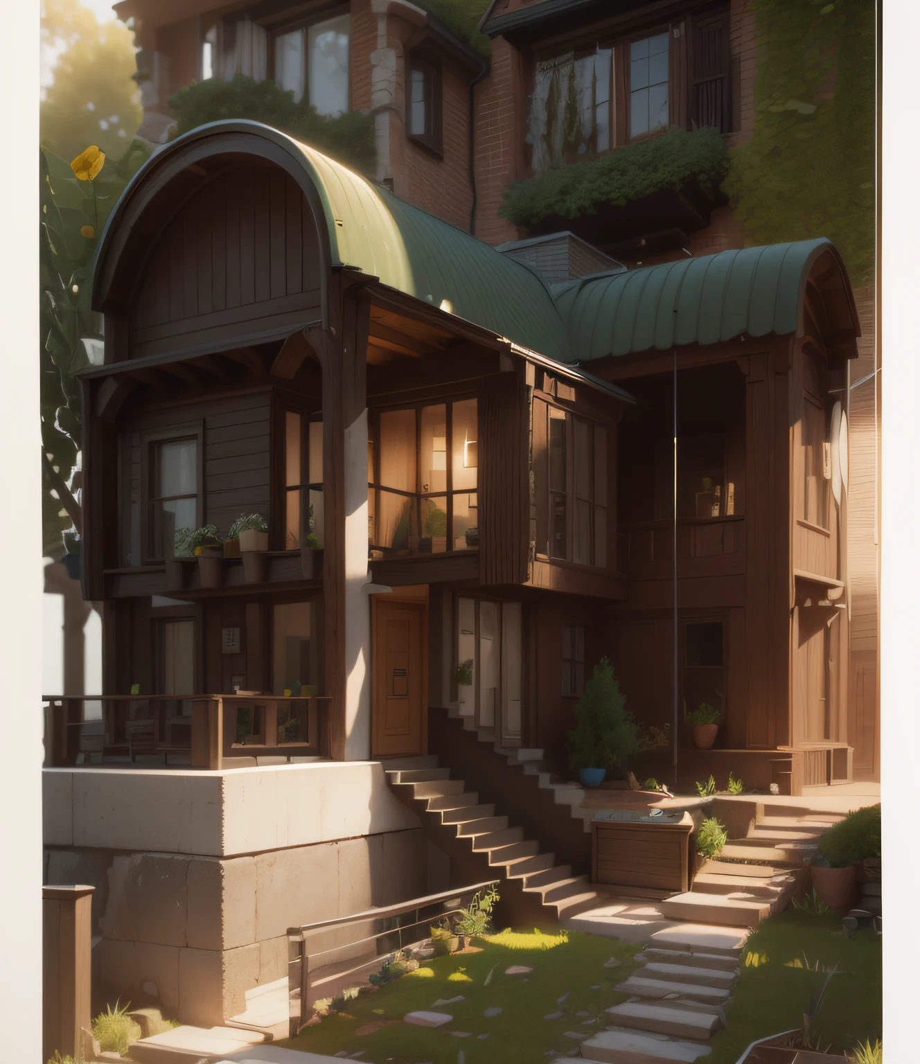 Modern house well detail program type Octane render 3D,various tempered color glasses,handmade staircase,realistic green grass,background trees,various flowers,aloe vera aloe,RAW photo,8K uhd,dsir,solft lighting,warm light quality,film grain,fujifilmXT3,UHD, or Ultra HD V5 --auto