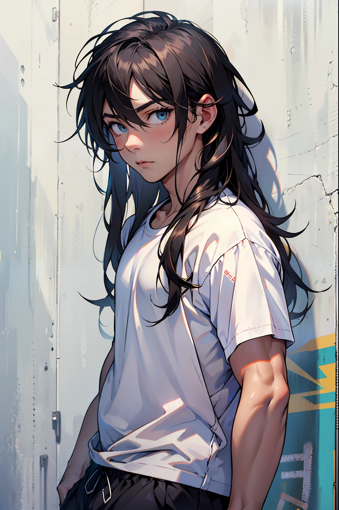 A boy, duck hybrid, long white messy hair, confused expression, white shirt and shorts, with many duck feathers