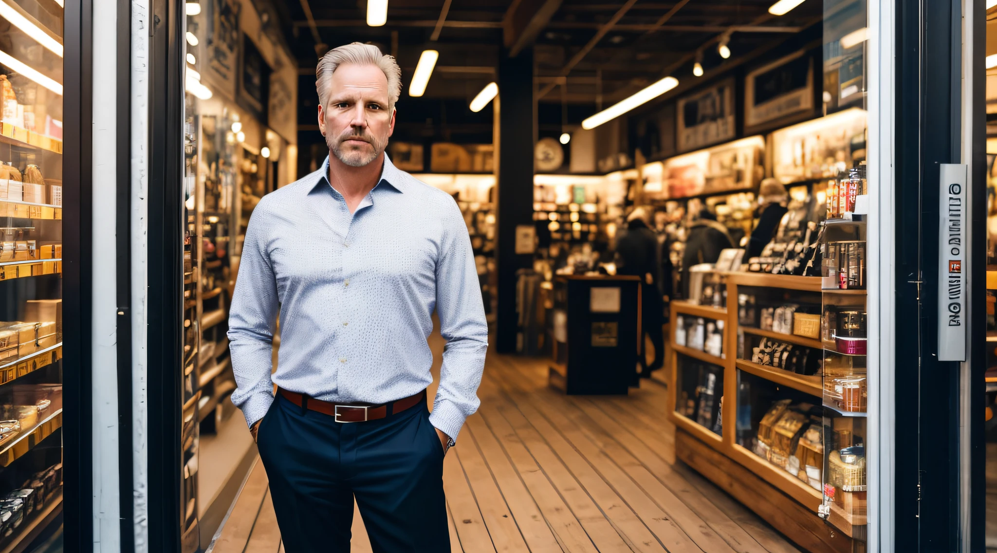 Title: "The Story of a Wealthy Shop Owner: A Young, 50-Year-Old White Man with an Intense Gaze"
In a dark studio, a photograph captures the essence of a wealthy shop owner. He is a young, 50-year-old white man, exuding an aura of intensity. Dressed in new clothes, his piercing eyes and well-defined face exhibit a strong presence. The photographer skillfully captures the intricate details of his tall figure. Utilizing a Nikon D850 camera with a 50mm lens set to f/1.4, the photograph encapsulates the essence of this captivating individual.