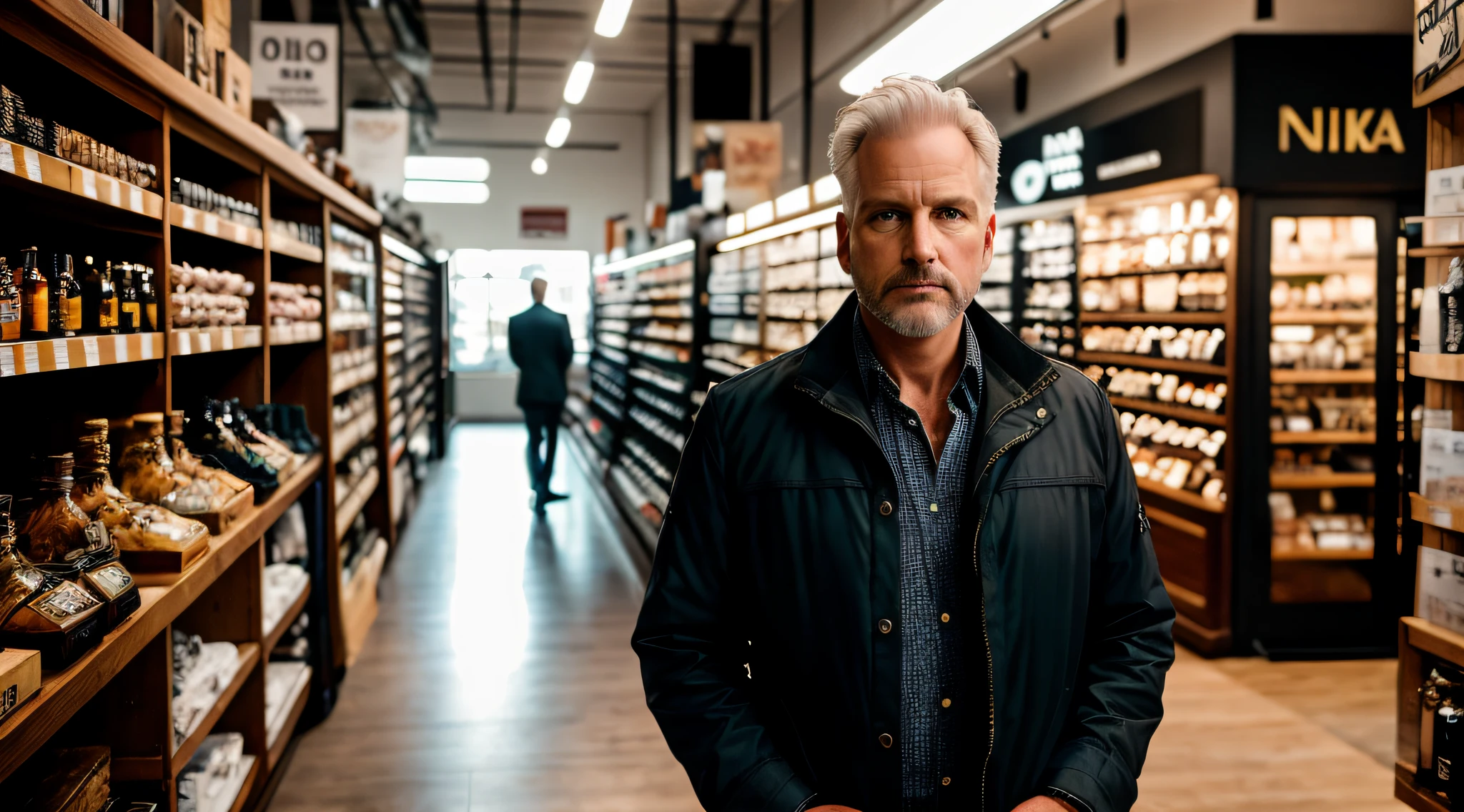 Title: "The Story of a Wealthy Shop Owner: A Young, 50-Year-Old White Man with an Intense Gaze"

In a dark studio, a photograph captures the essence of a wealthy shop owner. He is a young, 50-year-old white man, exuding an aura of intensity. Dressed in new clothes, his piercing eyes and well-defined face exhibit a strong presence. The photographer skillfully captures the intricate details of his tall figure. Utilizing a Nikon D850 camera with a 50mm lens set to f/1.4, the photograph encapsulates the essence of this captivating individual.