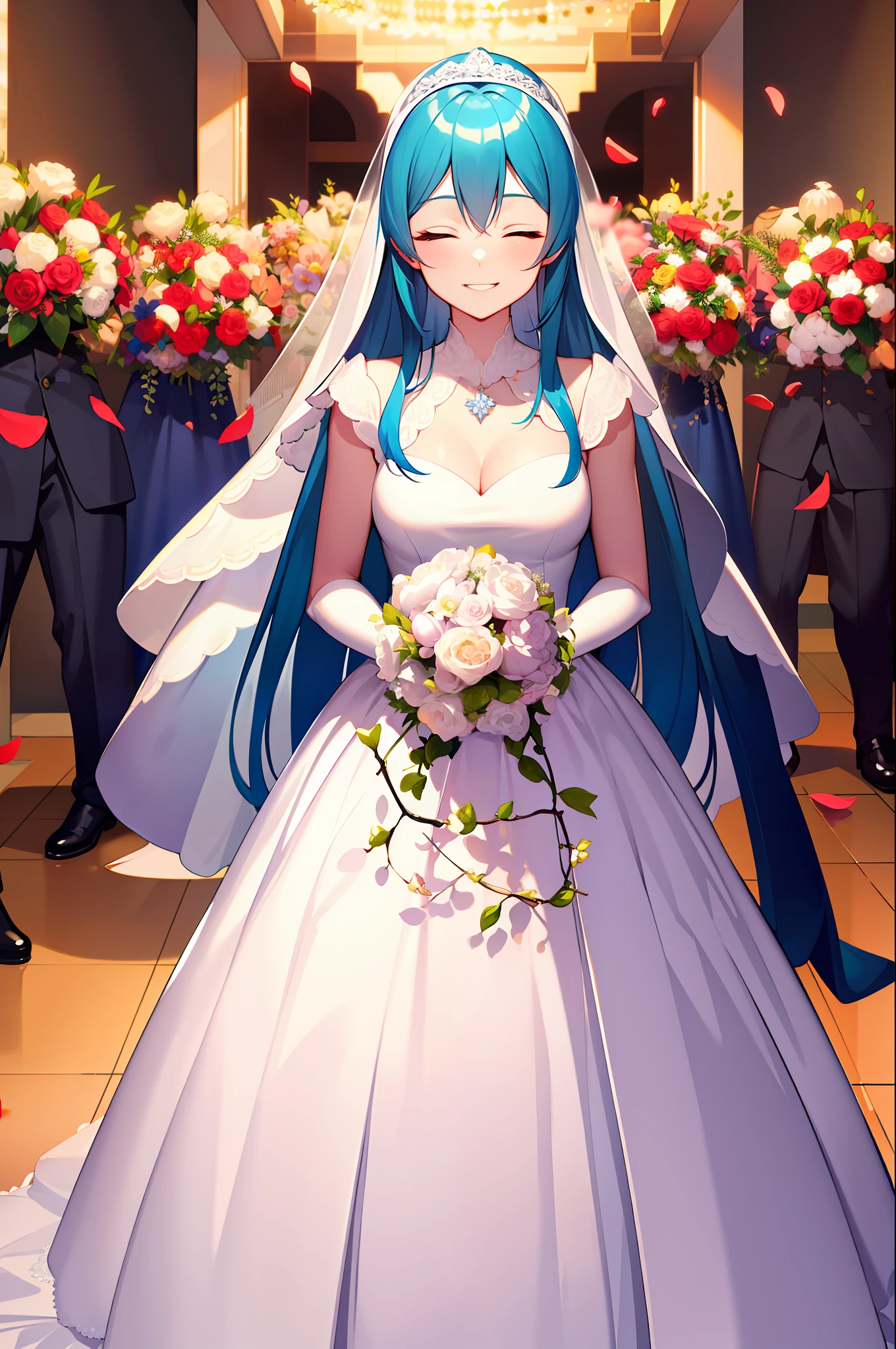 (masterpiece), (best quality),highres, ultra detailed, professional lighting, esdeath, wedding dress, front view, wedding ceremony, wedding dress, closed eyes, smile, head tilted head, holding a bouquet of beautiful flowers, falling petals, marrying viewer