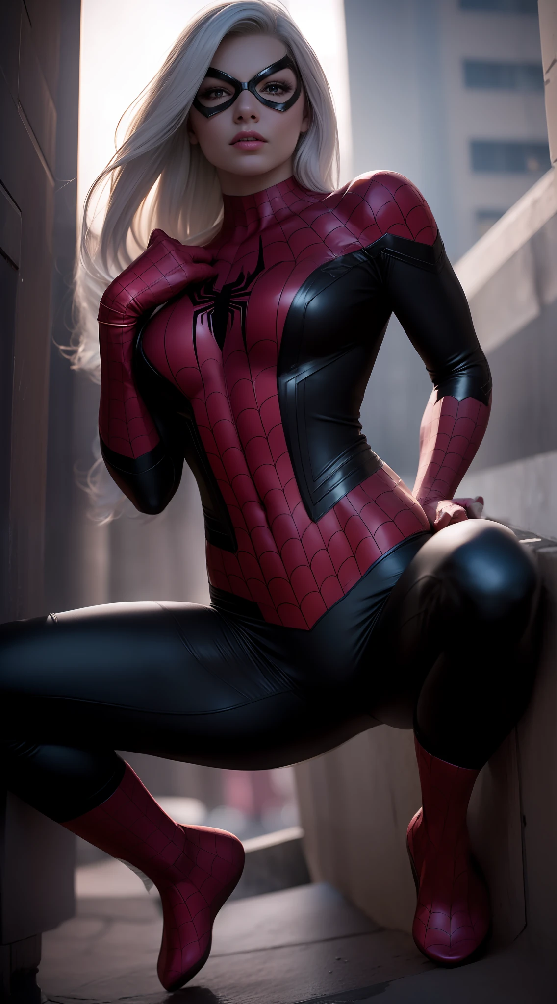 beautiful woman, white hair, costume fusion of Spider-Man and Black Cat(Black Cat Marvel), neckline, sexy, cover, rain, realistic, full body photo, prominent figure, photo (Masterpiece) (Best quality) (detail) (8K) (HD) (Wallpaper) (cinematic lightining) (Crisp focus) (Intricate), best quality, Ultra high resolution, photorealistic, full body portrait, incredibly beautiful, dynamic poses, detailed skin texture, Highly detailed skin, detailed face, beautiful legs, large breasts, powerful.