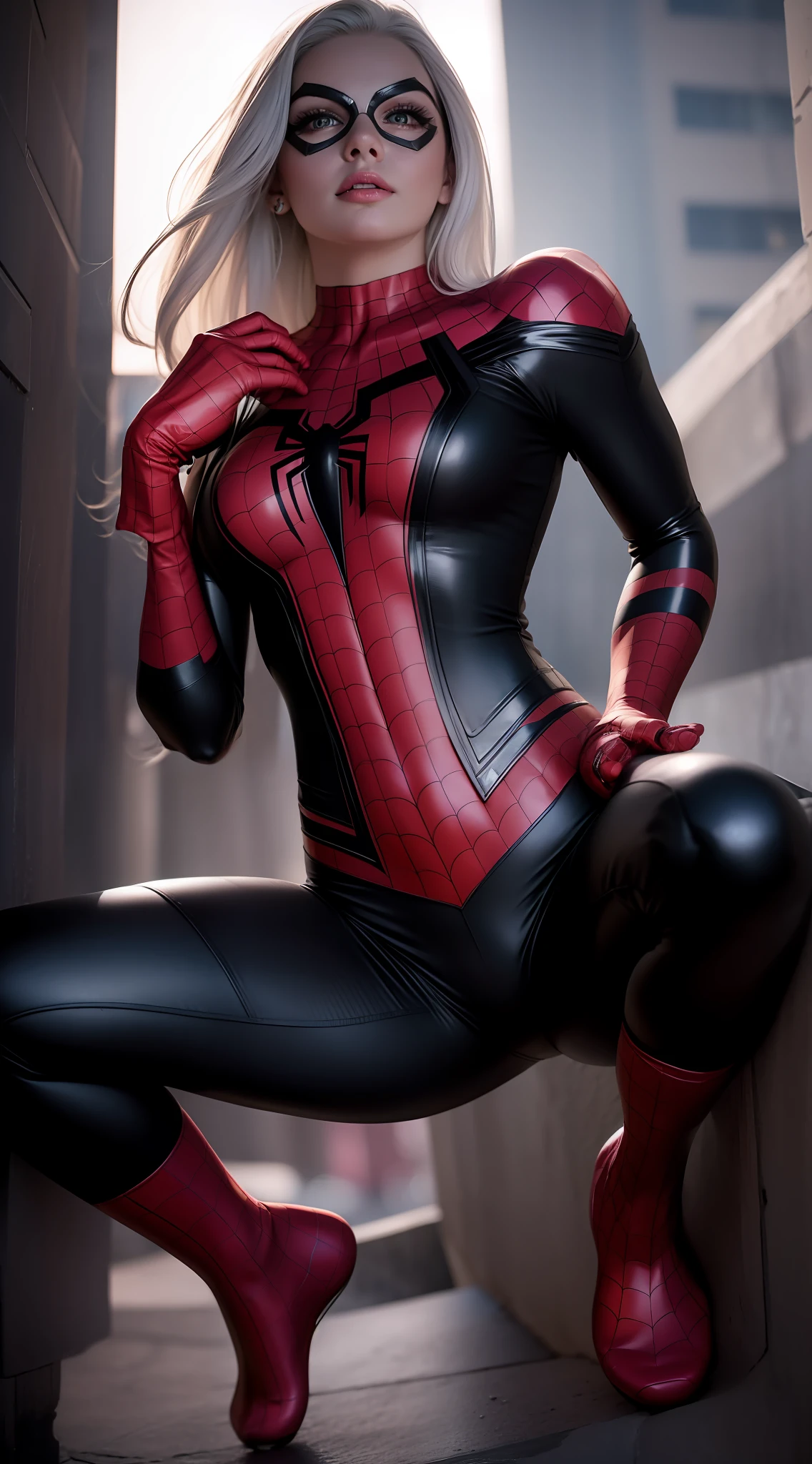 beautiful woman, white hair, costume fusion of Spider-Man and Black Cat(Black Cat Marvel), neckline, sexy, cover, rain, realistic, full body photo, prominent figure, photo (Masterpiece) (Best quality) (detail) (8K) (HD) (Wallpaper) (cinematic lightining) (Crisp focus) (Intricate), best quality, Ultra high resolution, photorealistic, full body portrait, incredibly beautiful, dynamic poses, detailed skin texture, Highly detailed skin, detailed face, beautiful legs, large breasts, powerful.