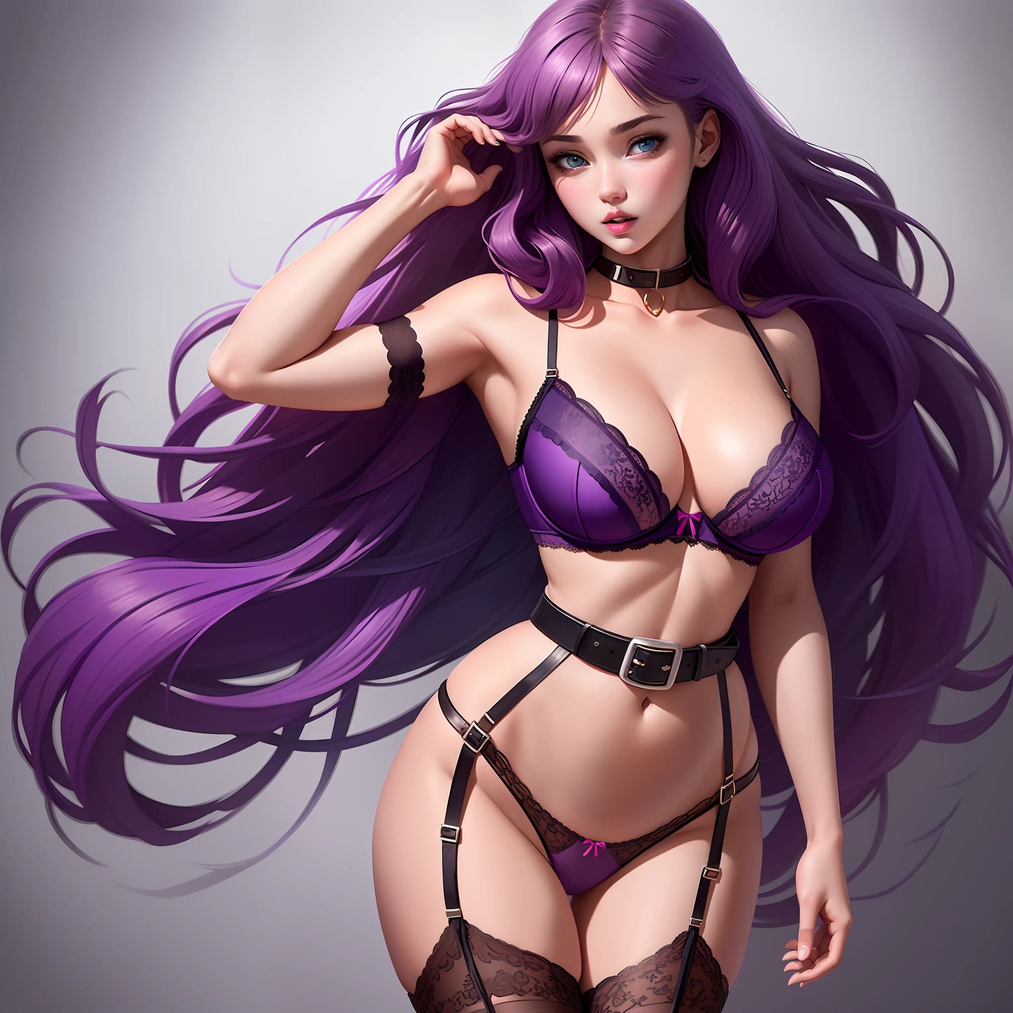nsfw, ((masterpiece, best quality, nonsense)), 1girl,solo,19 years old,big breasts,expressive eyes,long purple hair in waves,black transparent lingerie((bra, thong panties, belt- garter and stocking 7/8 lace))detailed view of neckline, no dress, interior, ulzzang, (PureErosFace_V1:0.7)