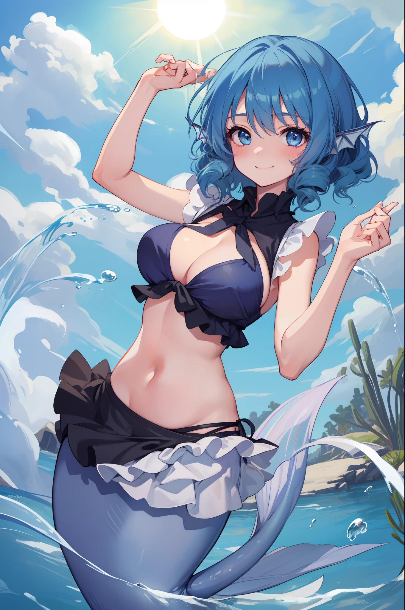 (masterpiece, best quality:1.2), solo, 1girl, wakasagihime, nervous smile, blushing, looking at viewer, mermaid, blue hair, drill hair, bikini, big boobs, pond, water, water droplets, sunshine, cloudy,