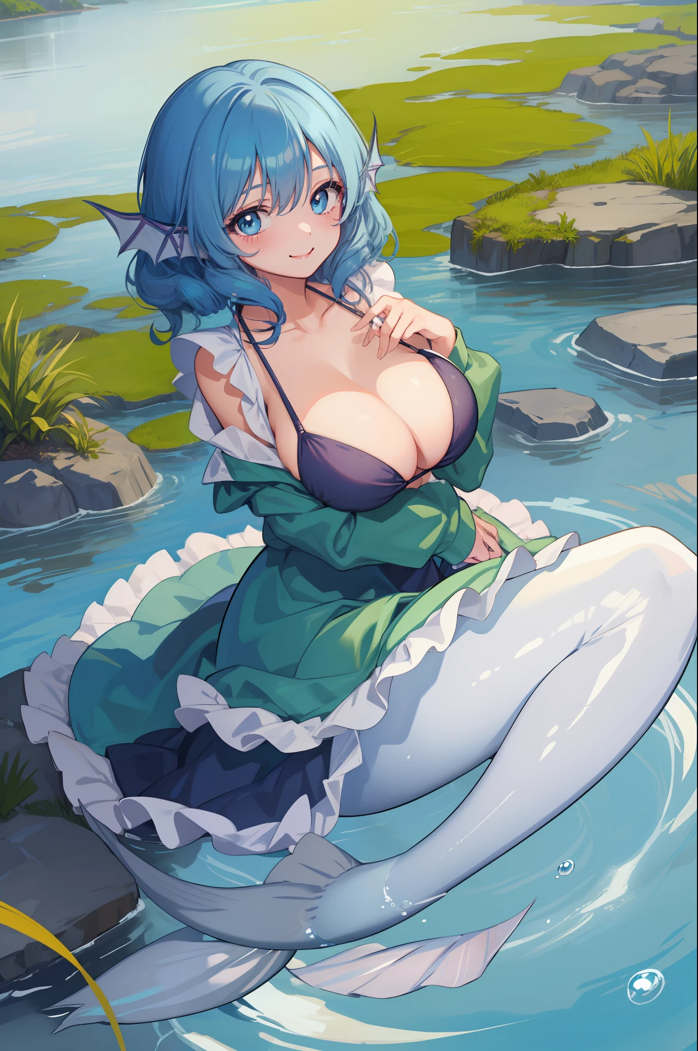 (masterpiece, best quality:1.2), solo, 1girl, wakasagihime, nervous smile, blushing,  looking at viewer, mermaid, blue hair, drill hair, bikini, big , pond, water, water droplets, sunshine, cloudy,