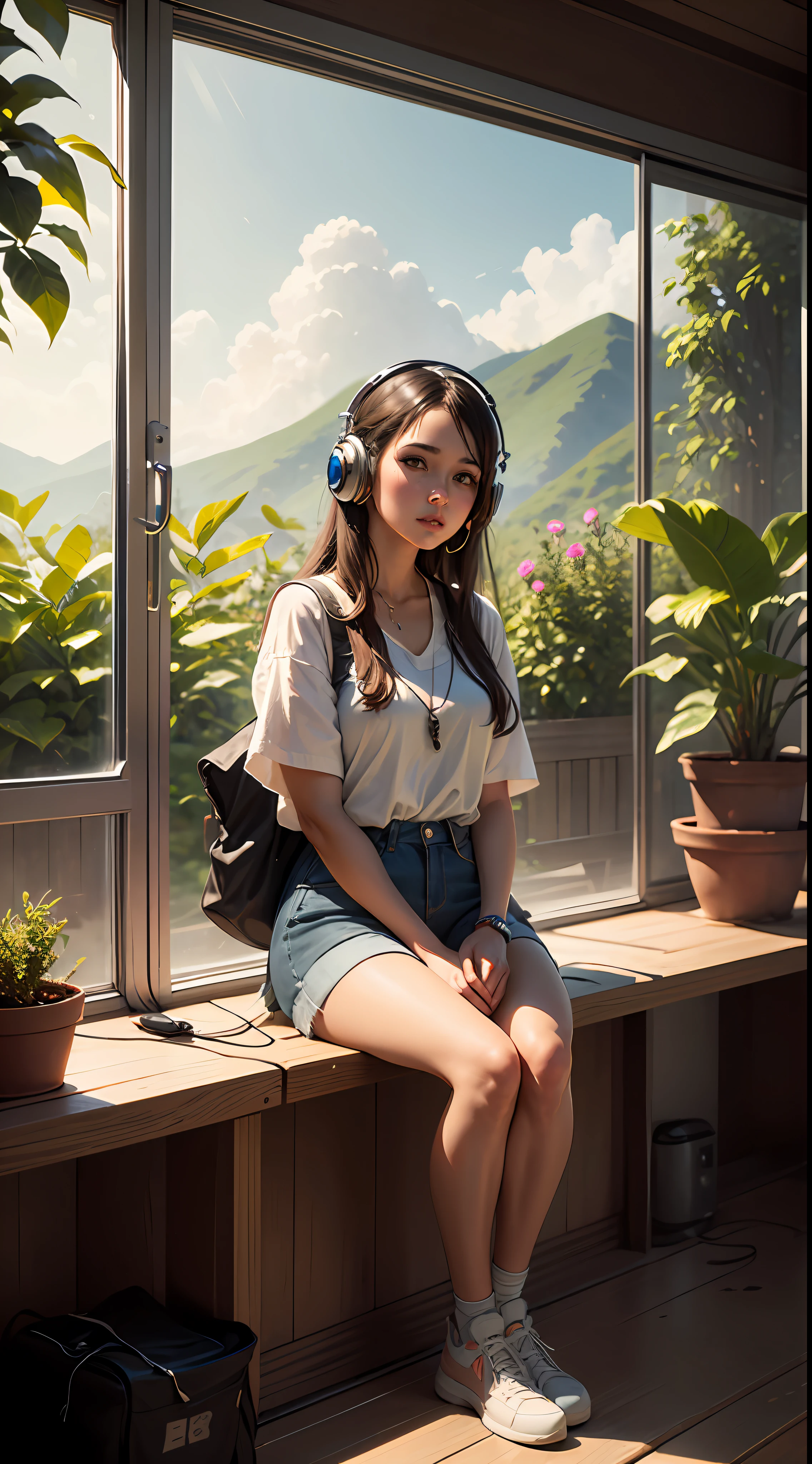 Beautiful girl portrait, sitting, full body, (headphone), lush landscape illustration, sunny morning, Brazilian plants, concept art, (student), pinterest, arts station, art by lou ll