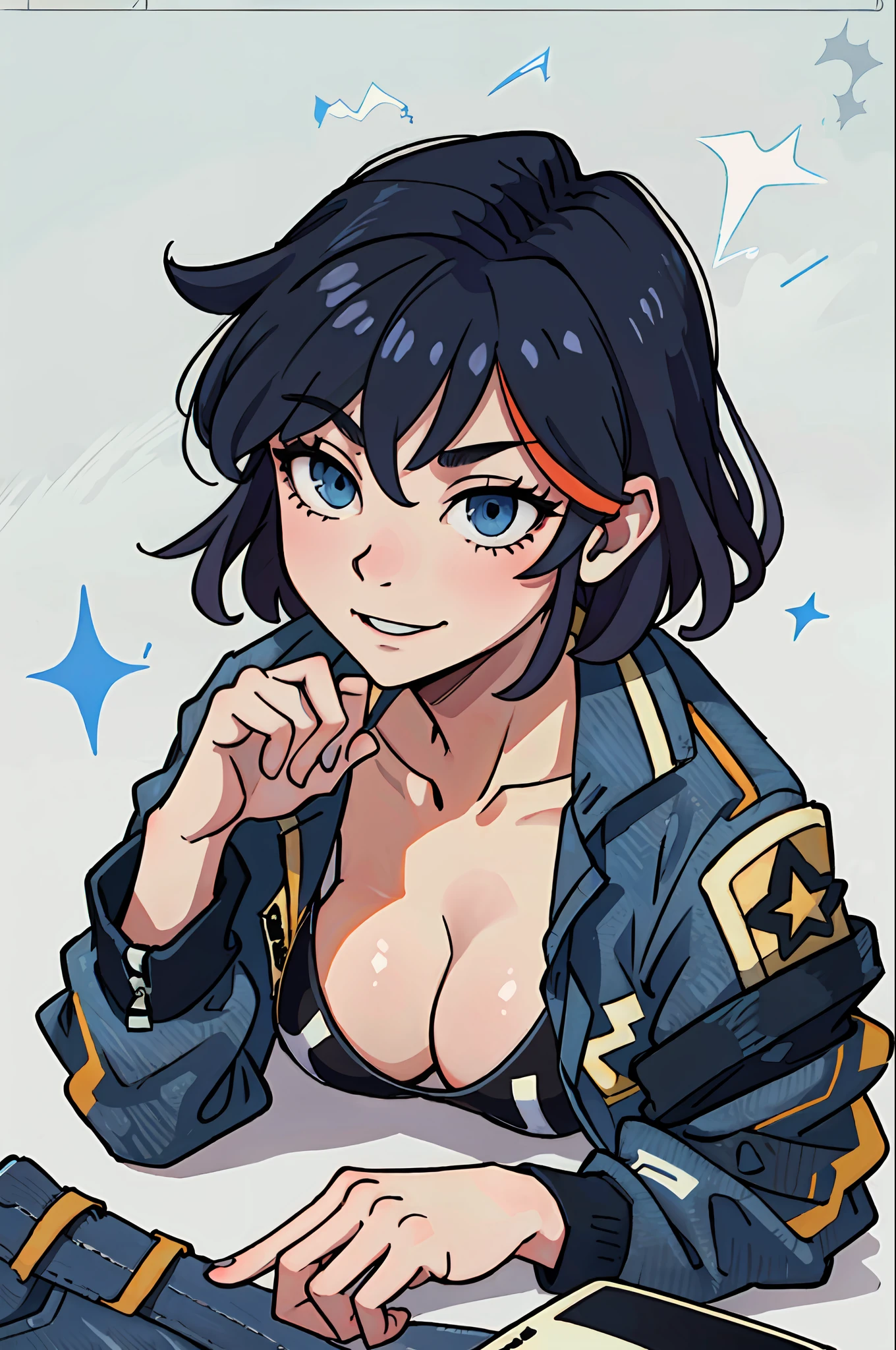 matoi ryuuko, topless, shirtless, no top, (((sfw))), no bra, braless, leather jacket, black jacket, black leather jacket, (((pasties))), blue jeans, blue long jeans, denim pants, laying down, dakimakura pose, complete body shot, full body shot, short hair, cap, head accessory, hair ornament, solo, simple background, flat background, flat color background, white background, simple white background, blue eyes, large boobs, big breasts, cleavage, small waist, wide hips, thick thighs, covered thick thighs, smiling, smooth midriff, sexy body, sexy skin, perfect skin, attractive, curvy body, glamorous, right hand, left hand, fingers, white sneakers, sneakers, sushio artstyle, trigger artstyle