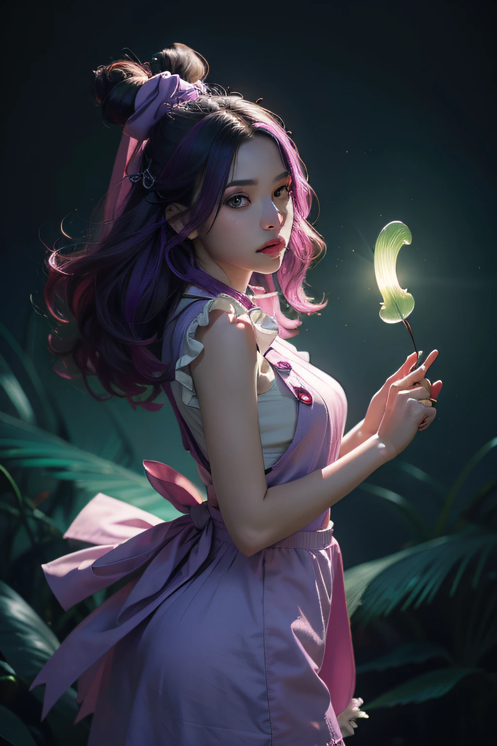 concept art, top angle of a Will-o'-the-wisp, wearing Funny Somali Emerald Pinafore, fluorescent purple hair tie, equirectangular 360, Highres, [(art by Willi Baumeister:1.1), (art by John T. Biggers:1.2)::17], official art, unity 8k wallpaper, ultra detailed, aesthetic, masterpiece, best quality, photorealistic,