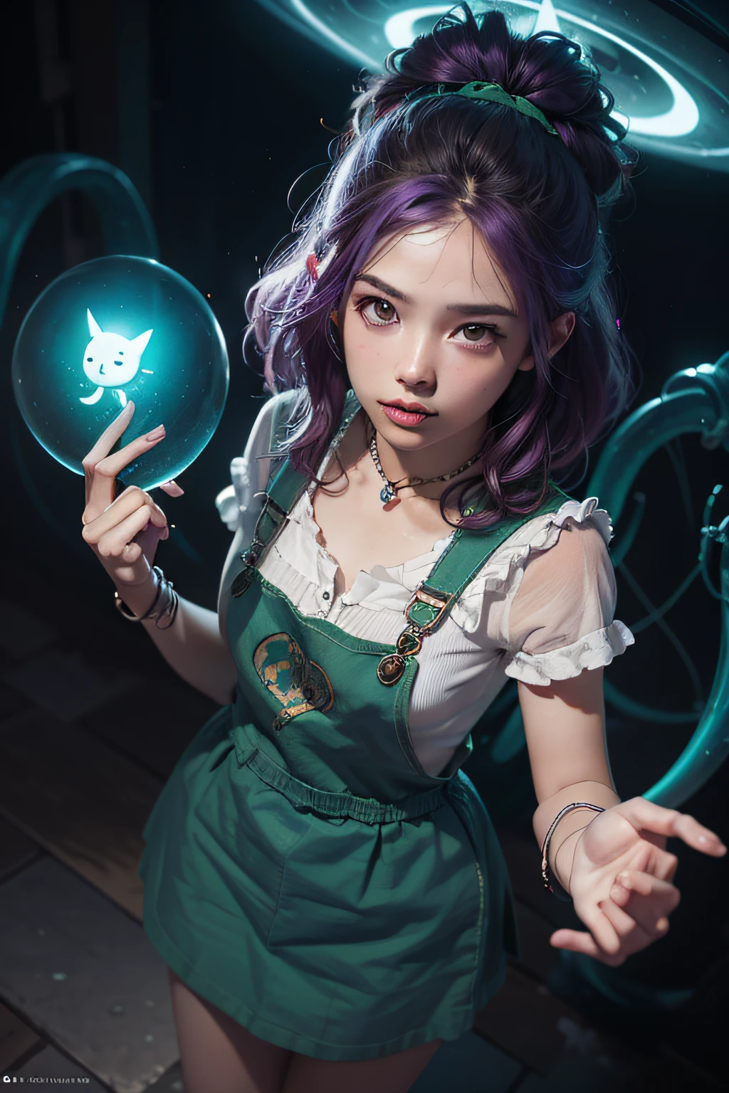 concept art, top angle of a Will-o'-the-wisp, wearing Funny Somali Emerald Pinafore, fluorescent purple hair tie, equirectangular 360, Highres, [(art by Willi Baumeister:1.1), (art by John T. Biggers:1.2)::17], official art, unity 8k wallpaper, ultra detailed, aesthetic, masterpiece, best quality, photorealistic,