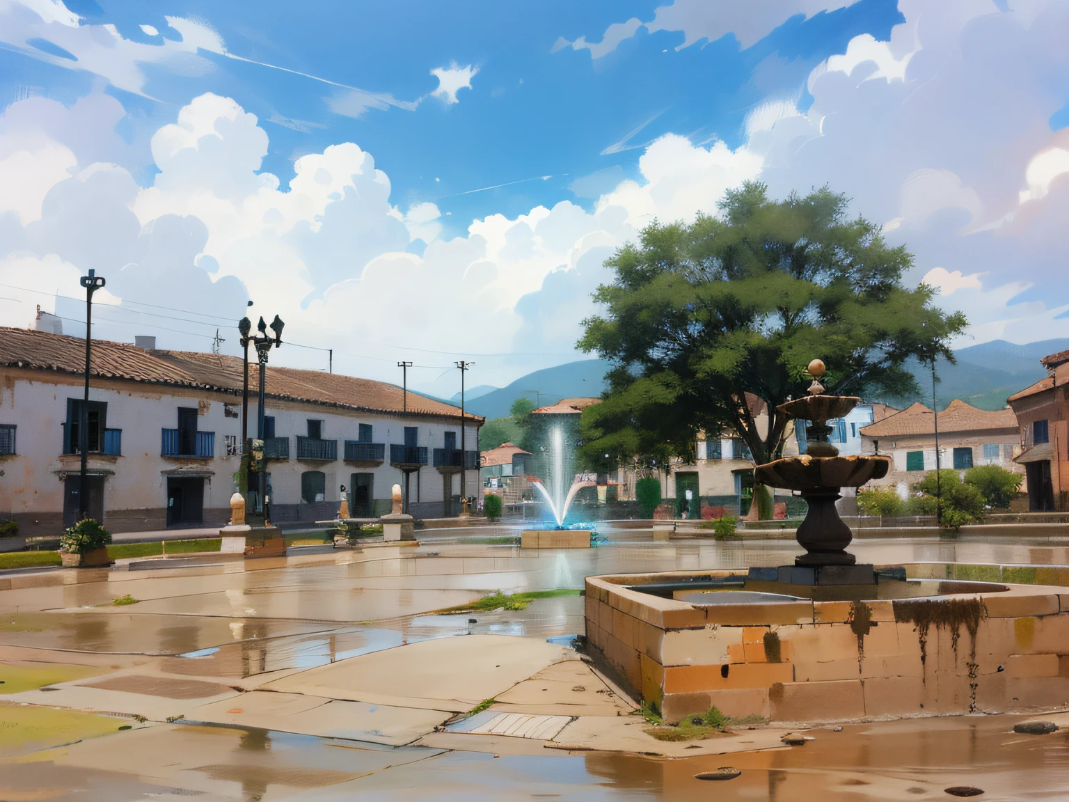 There is a fountain in the middle of a square without people strolling, town square, in a town square, town square, muddy town square, square, Armenia town Quindío, town square, market square, Tlaquepaque, in Chuquicamata, old town, in a square, in muddy medieval village square, historical setting. Picasso Alhambra