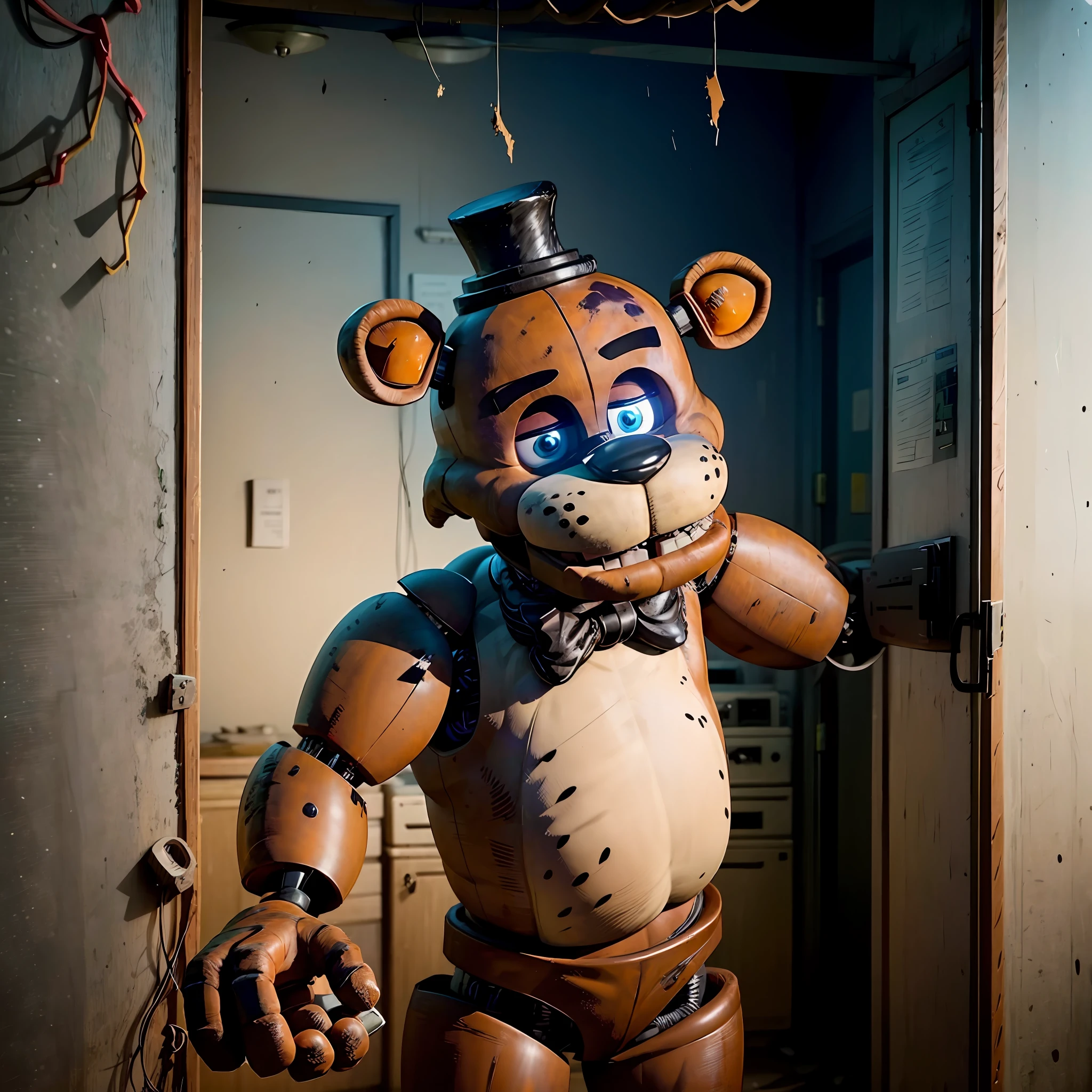 animatronic from Five Nights at Freddy's, with damaged body parts and wires sticking out of the body, in an abandoned pizzeria