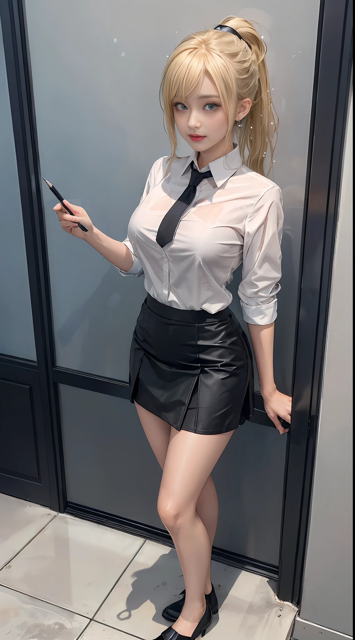 High quality, best quality, masterpiece, 8K, ultra-real, ridiculous, vibrator in panties, 1 girl, office, blonde, business suit, pen holder skirt, standing with legs extended: 1.1, blush, ponytail, wet panties, sitting, wet floor, (open clothes, expose entire breasts, flirt skirt: 1.1),