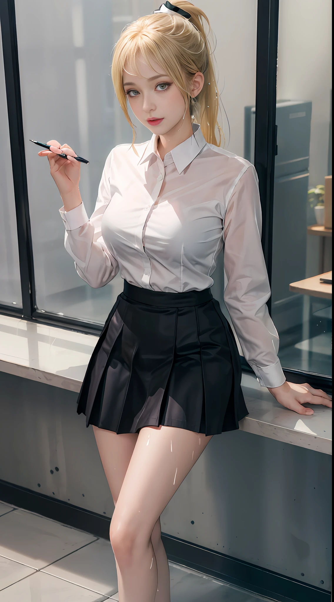 High quality, best quality, masterpiece, 8K, ultra-real, ridiculous, vibrator in panties, 1 girl, office, blonde, business suit, pen holder skirt, standing with legs extended: 1.1, blush, ponytail, wet panties, sitting, wet floor, (open clothes, expose entire breasts, flirt skirt: 1.1),