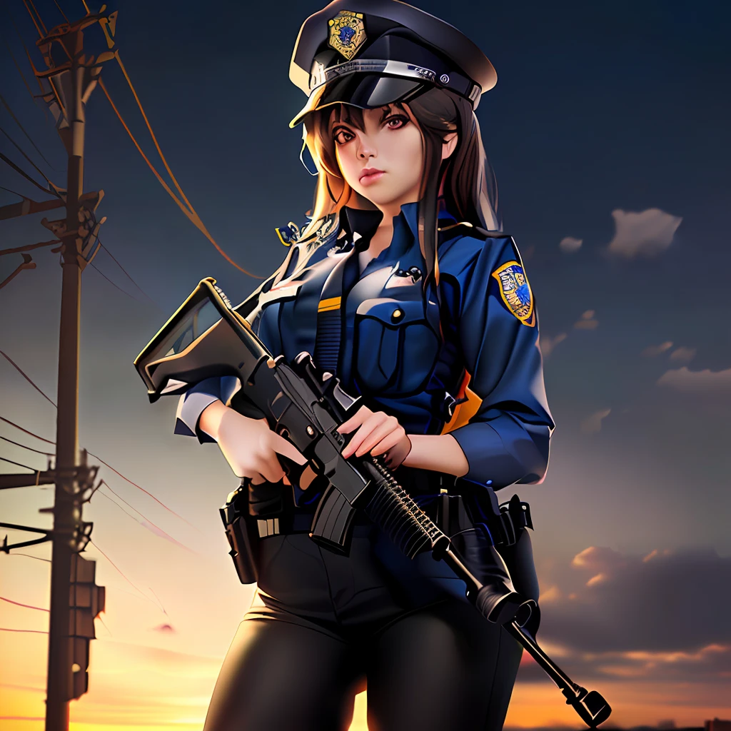 there is a woman in a police uniform holding a gun, badass anime 8 k, m4 sopmod ii girls frontline, officer, realistic anime 3 d style, police officer, 3 d anime realistic, photorealistic anime girl render, photorealistic anime, smooth anime cg art, outfit: cop, high detailed official artwork, rendered in sfm
