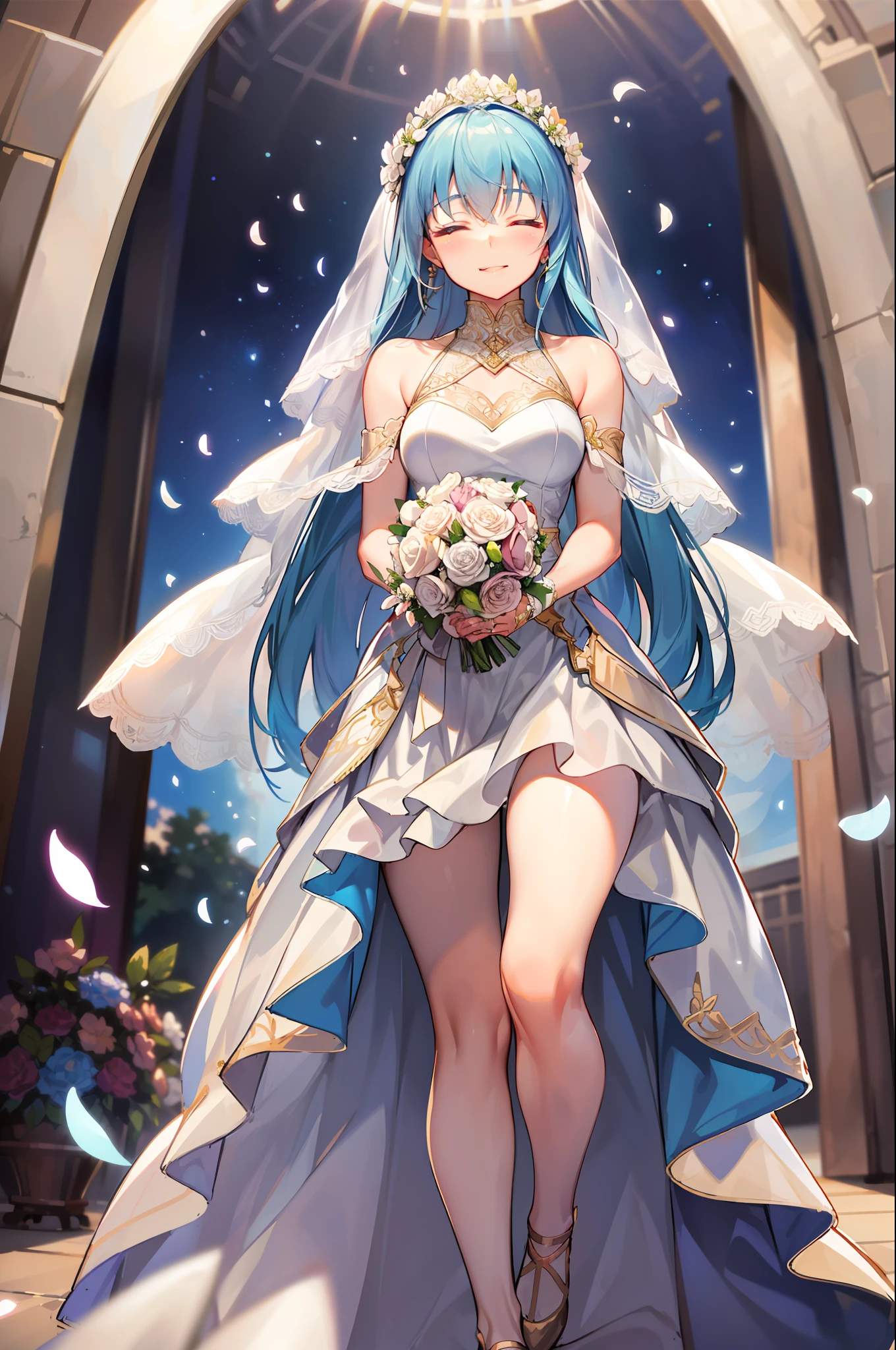 (masterpiece), (best quality),highres, ultra detailed, professional lighting, esdeath, wedding dress, front view, wedding ceremony, wedding dress, closed eyes, smile, head tilted head, holding a bouquet of beautiful flowers, falling petals, marrying viewer