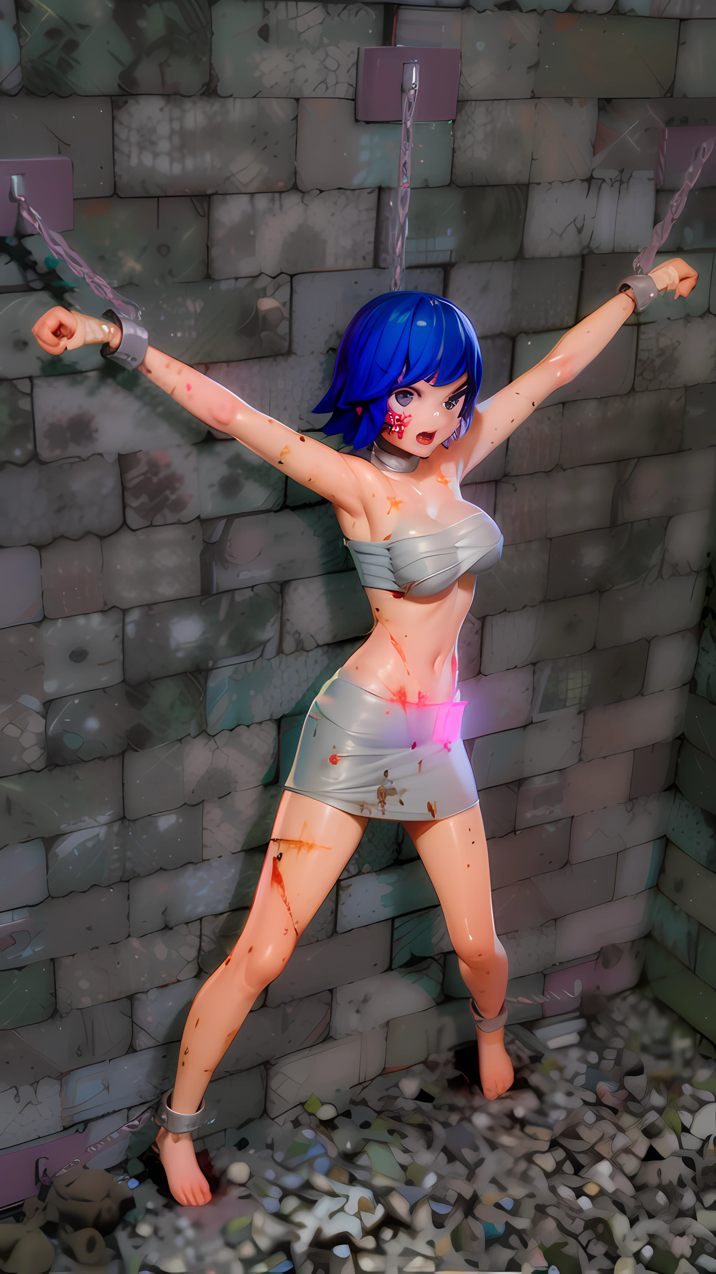 3D two-dimensional, repainted light and shadow, wearing tattered linen clothes, hemp rope tied around the waist, hands locked by black handcuffs, feet locked by black shackles, handcuffs and leg shackles tied to black chains, highlight black whip marks on the body, highlight the black whip marks on the body, highlight the metal handcuffs, highlight the reflective material of the handcuffs, highlight the severe black scars on the face, barefoot, highlight the facial tears, highlight the black scars on the arm whip, highlight the black scars of the foot whip, highlight the tattered neckline of the clothing, highlight the tattered cuffs, Highlight the tattered hem of the dress, optimized for two-handed operation, Left hand fist, Right hand fist, Highlight dirty clothes, Highlight dirty face, Highlight blood-red handcuff scars on wrists, Highlight blood-red scars on necks, Draw style clear, 4K, Fright expression, Redraw body proportions, Slim figure, Barefoot, Painful expression, Highlight dirty soles of feet, Palm detail optimization, Optimize foot details, Hand movement optimization, Finger detail optimization, Toe detail optimization, Optimize chain details of handcuffs, Optimize the chain details of the leg irons