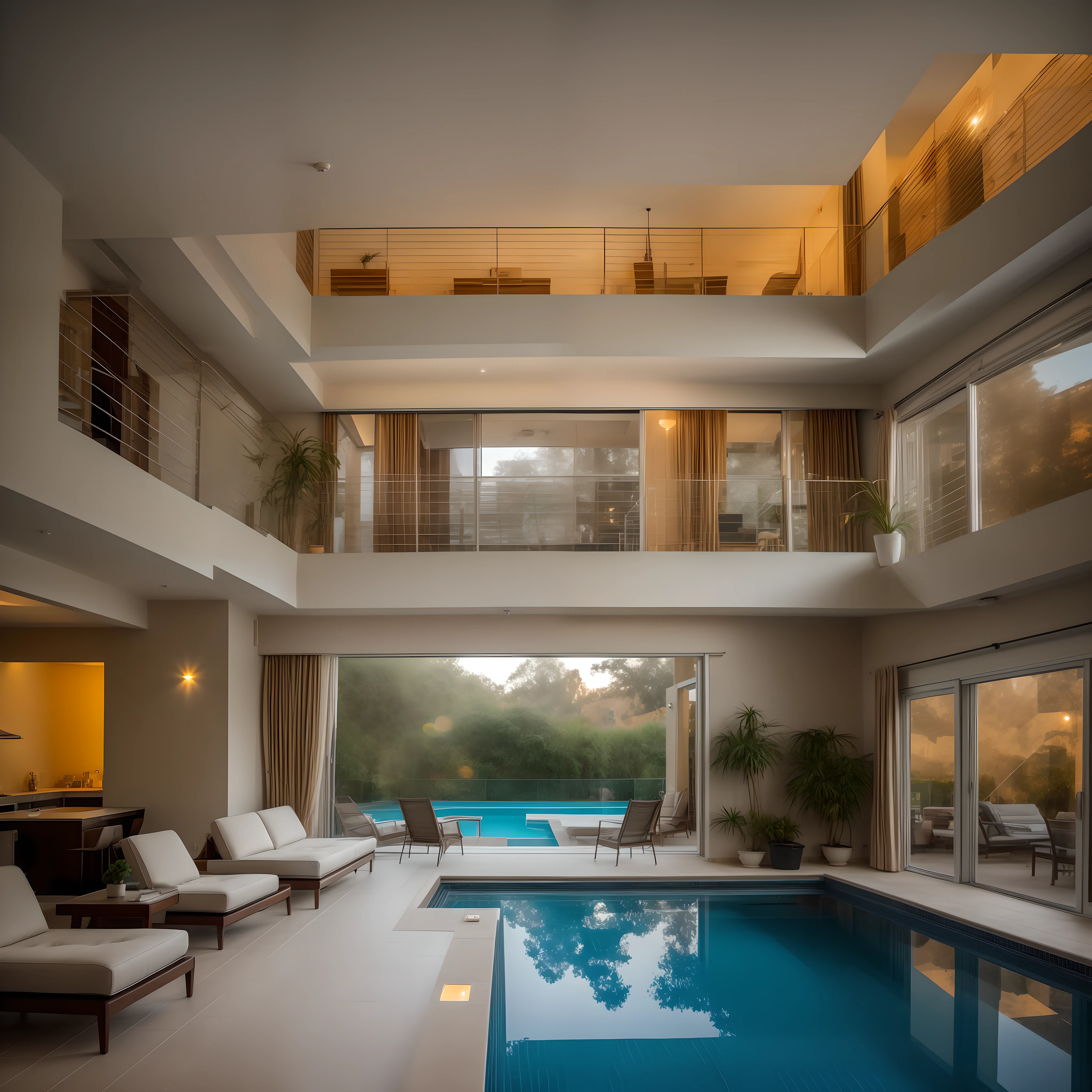 (living room: 1.2), winding walls, futuristic style, design, lighting, golden light, bokeh, (pool: 1.5), 8K UHD, high quality