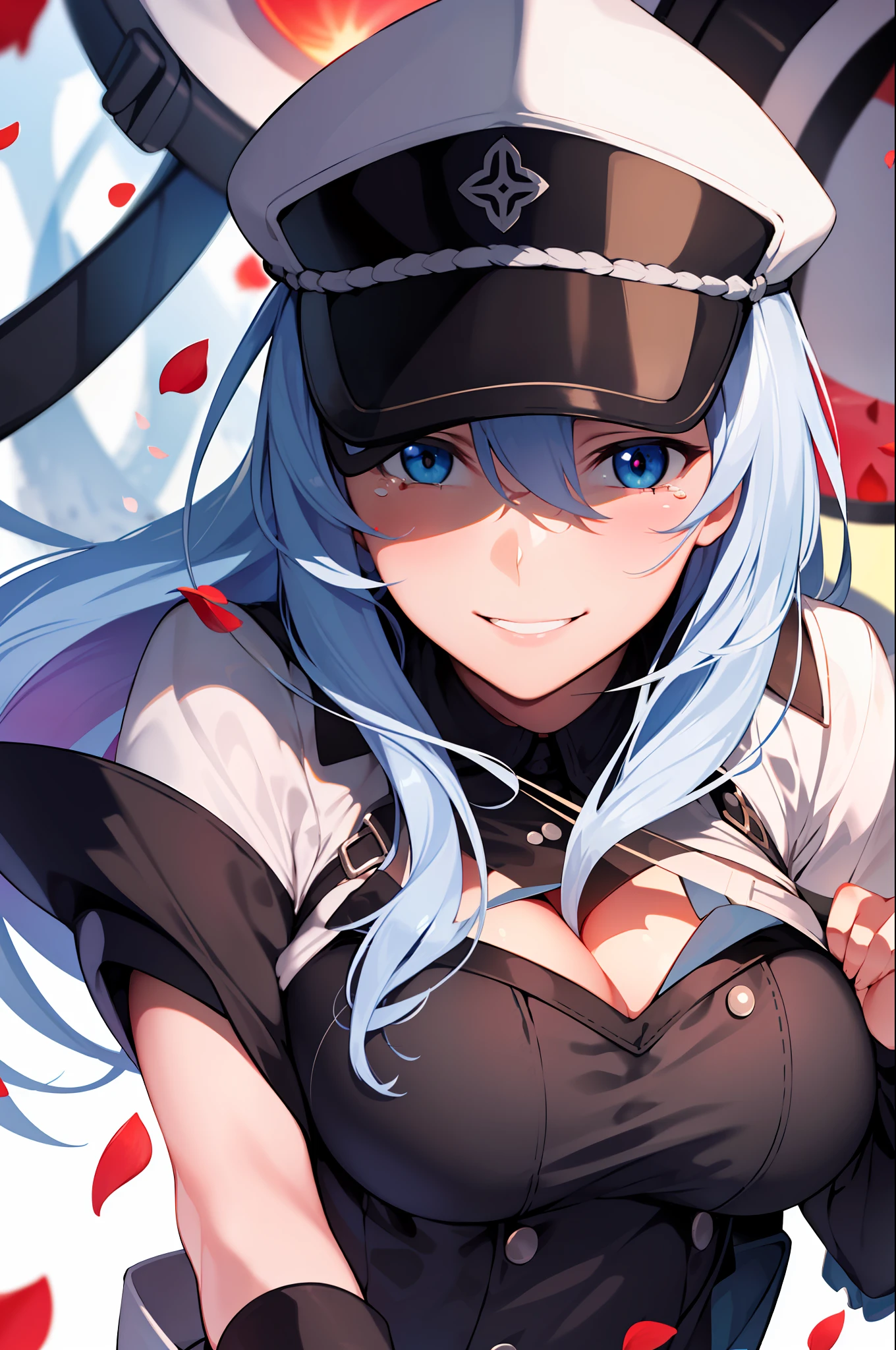 (masterpiece), (best quality),highres, ultra detailed, professional lighting, esdeath, esdeath outfit, front view, tearful eyes, smile, tilted head, eyes focused on viewer,, falling petals, upper body