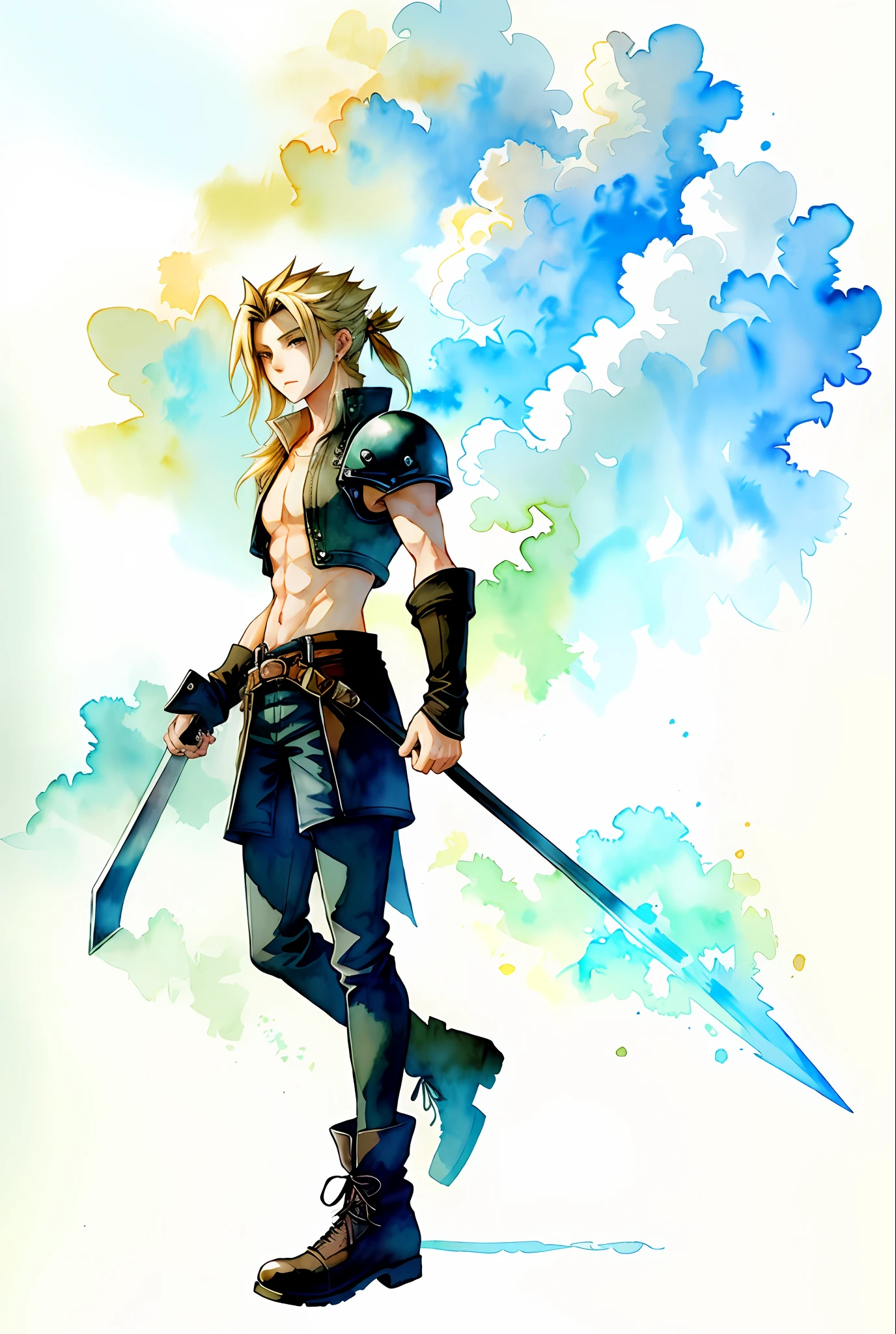(watercolor \(medium\), drawing, IrisCompiet: 1.2), CLOUD final fantasy 7, full body, abstract background, sfw, ff7, final fantasy VII cloud