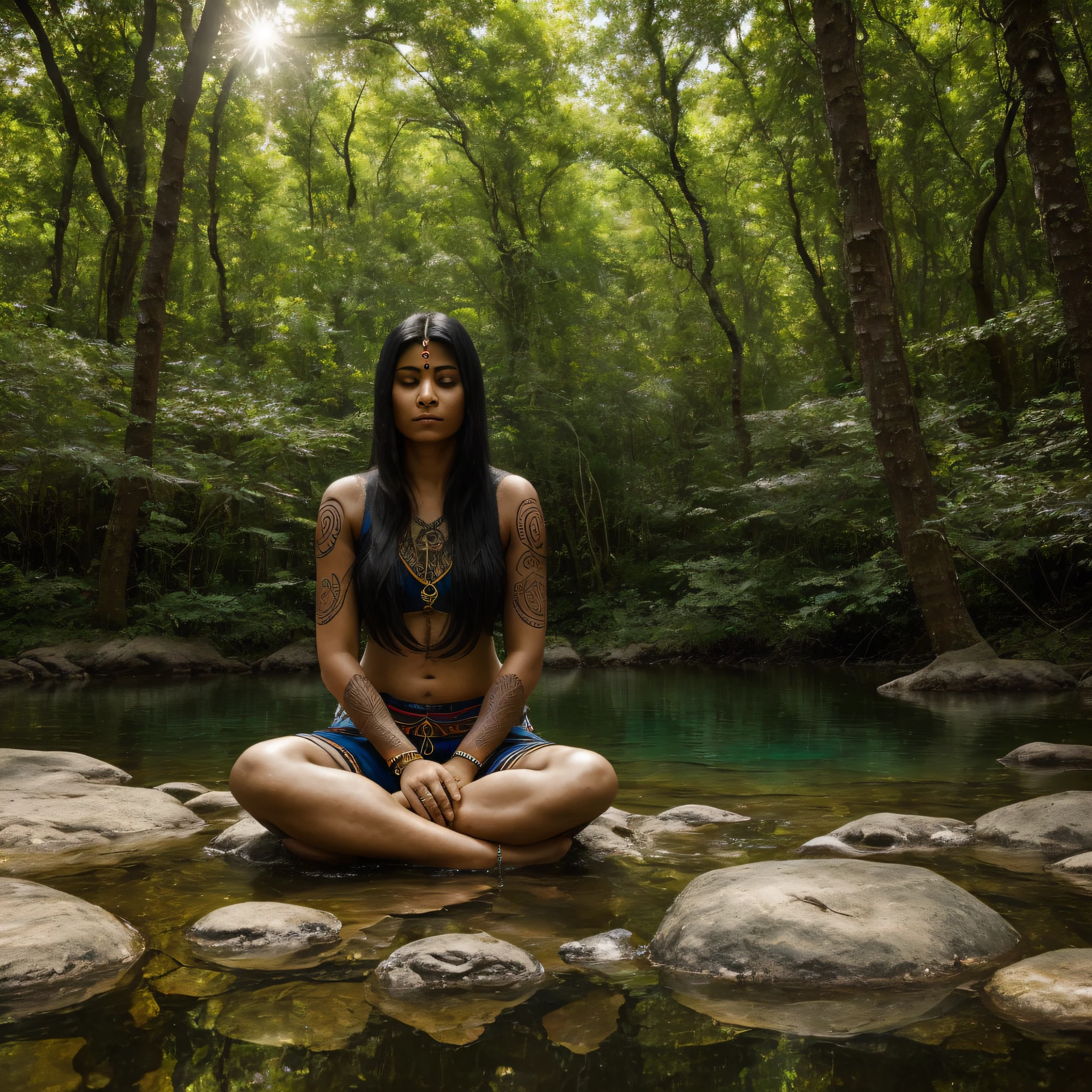 Sitting in contemplation by a crystal clear lagoon, an Indian woman with long black hair displays tribal tattoos that draw a symbolic map of her cultural identity. The surrounding nature seems to respond to her presence by enveloping her with a mystical energy. Its tranquil and deep expression conveys a spiritual connection to the forest and its ancient traditions.