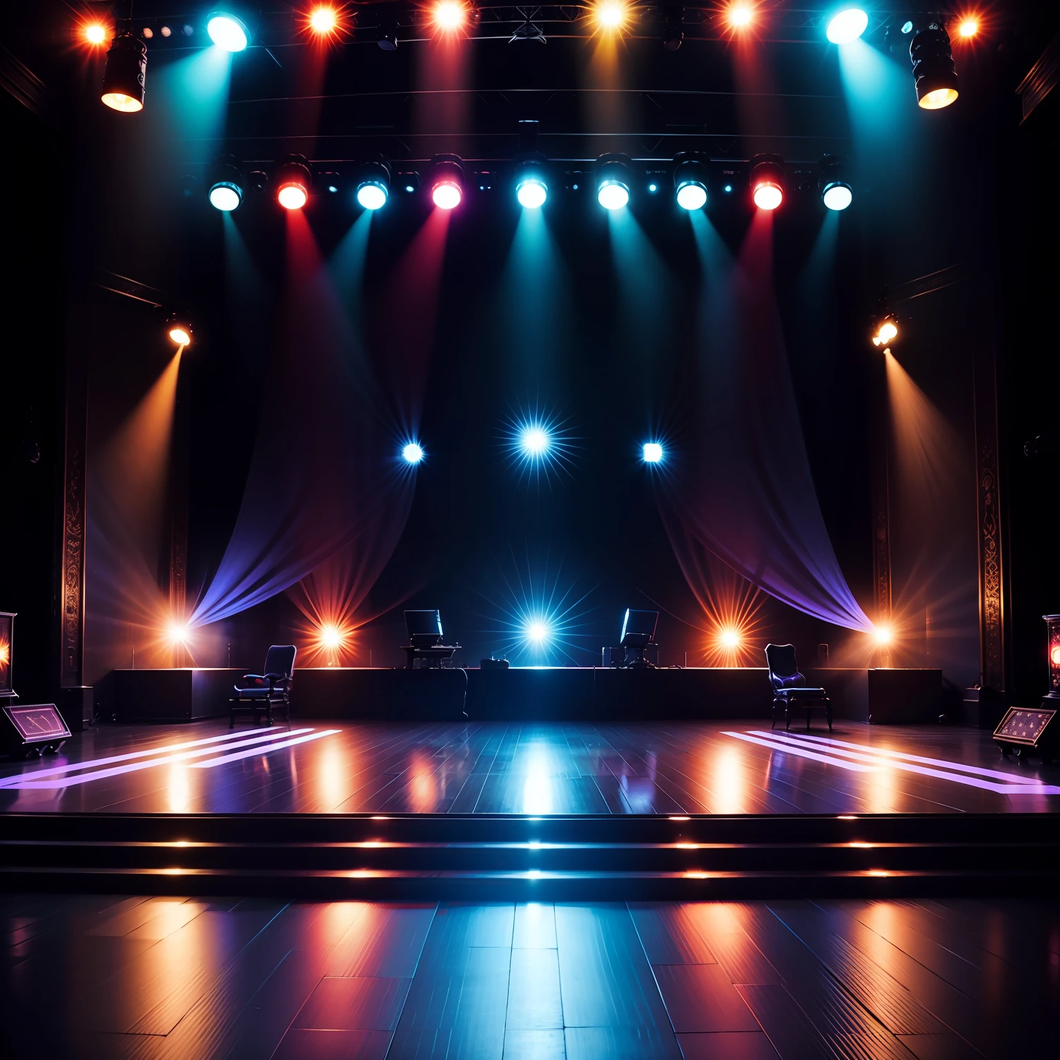 empty stage stage with shining lights, color #4B0026 --auto