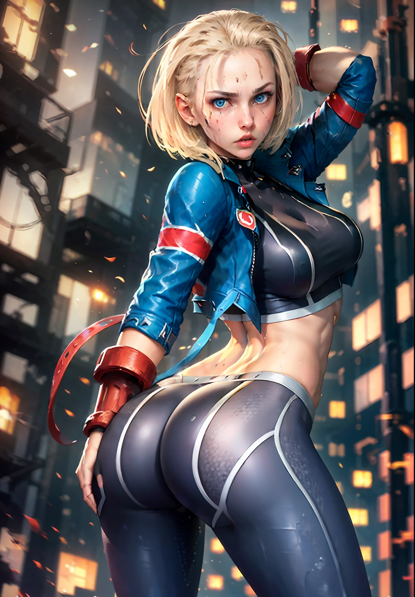 absurdres, highres, ultra detailed, unity 8k wallpaper, Beautiful Woman with Perfect Figure: 1.4, Wet Body: 1.1, Highly Detailed Face and Skin Texture, Detailed Eyes, Double Eyelids, (1girl), (Left Face Scar), (28 years old, Sexy Mature), (Vest Line, Slim Waist, Fitness Figure), (Blue Jacket), (Yoga Pants), (Buttocks), ((Big Blue Eyes, Long Eyelashes)), ((Pout)), ((Firm Nose)), (short hair), Detailed Face, (lifting jacket: 1.3), water drops, sweat, Dynamism, cinematic shot, intricate details, tease, playful expression, (masterpiece, ultra highres, detailed background:1.5), (intricate surroundings: 1.3), (elaborate scenery:1.3), (rich textures: 1.3), (detailed lighting: 1.2), (dramatic shadows: 1.2), (vivid color palette: 1.2), body twisting, seductive pose, ass squeeze, showing ass, bright lighting, ((Cammy white, Street Fighter 6, game CG character)), Beautiful shiny hair, (((dark gray tights)))), muscular, collar, abs, big breasts, (leg muscle lines), (cyberpunk background), water, pool