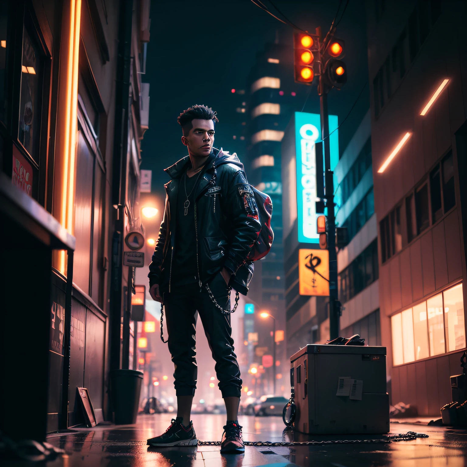 Masterpiece, High Definition, Ultra High Definition, 4K)There is a man standing and facing ,full body, on a ledge in the middle of a city, with silver chains around his neck, clearly showing the silver chains around his neck in a cyberpunk city, cyberpunk streetwear, in front of a science fiction cityscape, hero poses colorful street lighting, in a futuristic city, urban in the background, in a futuristic cyberpunk city, hyper-realistic cyberpunk style, in a cyberpunk city, in a cyberpunk city, in a cyberpunk city, in cyberpunk city, best quality, ultra high definition, (photorealistic: 1.4),, high resolution, detail, raw photo, sharp re, nikon d850 film stock photo by Lee Jefferies 4 kodak portra 400 camera f1.6 lens rich colors hyper realistic animated textures dramatic lighting unreal engine artstation trends cinestir 800, --auto