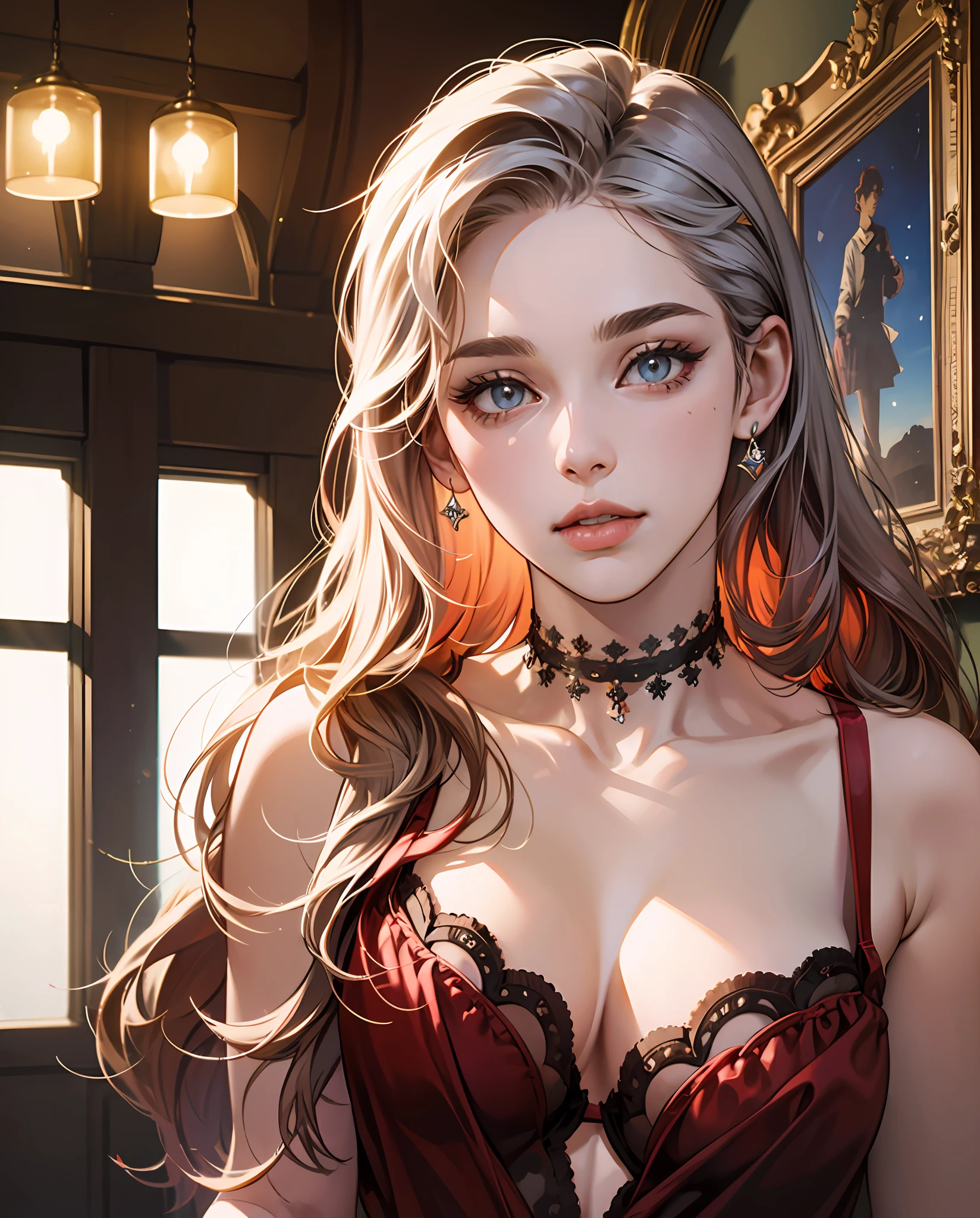 Holland Roden, red hair, silver choker necklace, delicate silver watch, plunging neckline tight red lingerie, (realistic:1.3), finely detailed, quality, (masterpiece:1.2), (photorealistic:1.2), (best quality), (detailed skin:1.3), (intricate details), dramatic, ray tracing, photograph, 1920's stateroom, Bathed in shadows, Visual novel, Hopeful, Moonlight, film grain, Kodak gold 200, Depth of field 110mm, --auto --s2